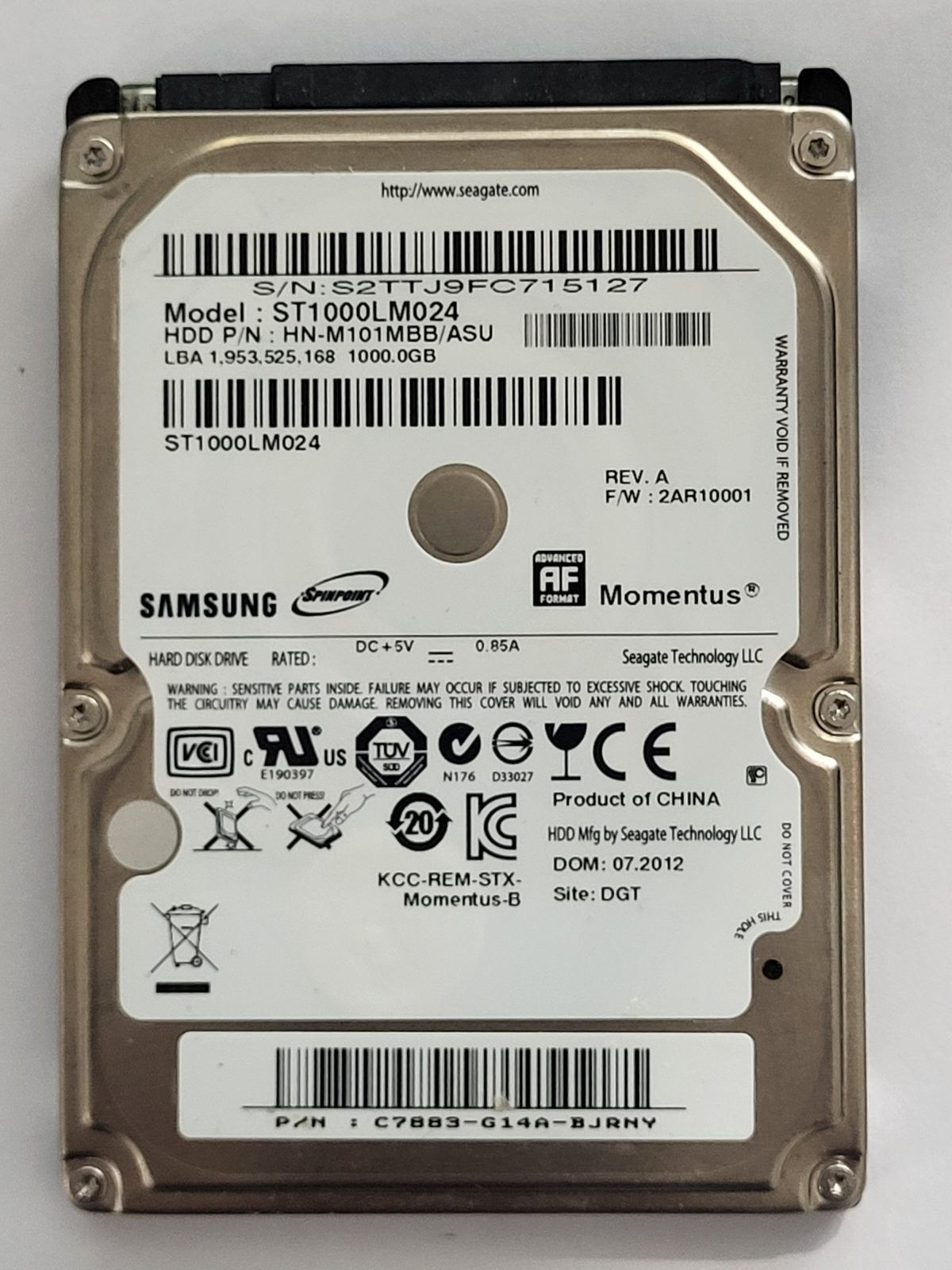 ST1000LM024, PN: HN-M101MBB/ASU, FW: 2AR10001, JUL 2012, Samsung 1Tb 2.5" HDD STK
