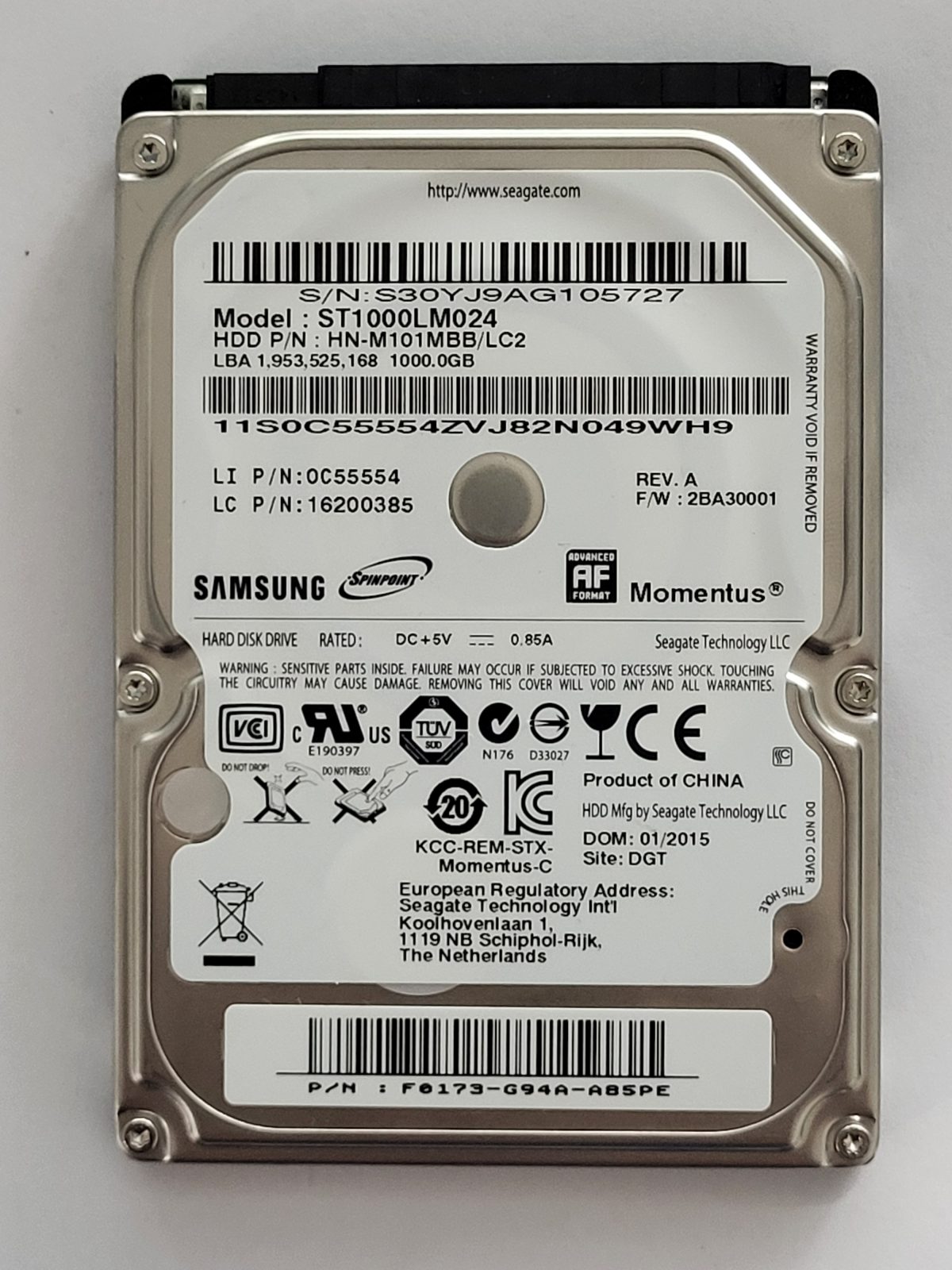 ST1000LM024, PN: HN-M101MBB/LC2, FW: 2BA30001, JAN 2015, Samsung 1Tb 2.5" HDD STK