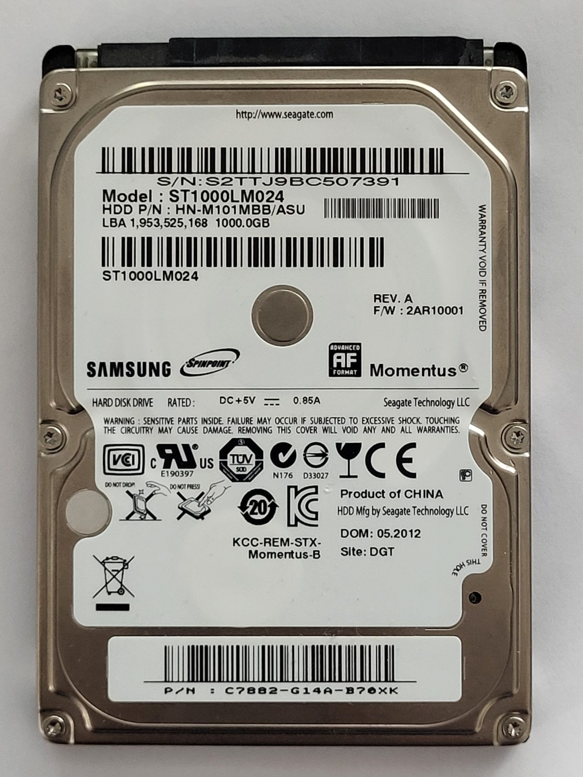 ST1000LM024, PN: HN-M101MBB/ASU, FW: 2AR10001, MAY 2012, Samsung 1Tb 2.5" HDD STK