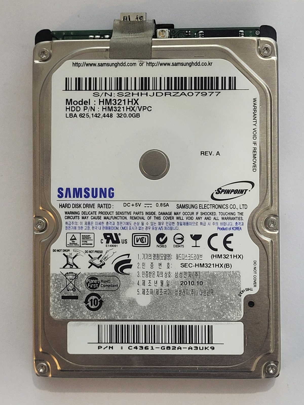 HM321HX, PN: HM321HX/VPC, FW: -, OCT 2010, Samsung 320Gb 2.5" HDD STK