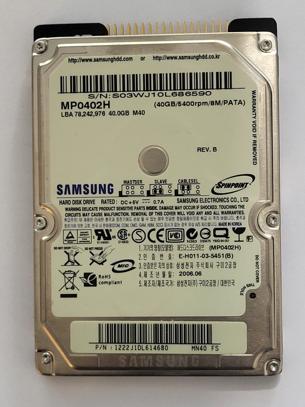 MP0402H, PN: -, FW: YQ200-06, JUN 2006, Samsung 40Gb 2.5" HDD STK
