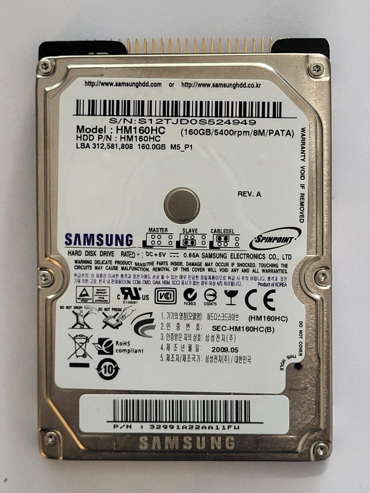 HM160HC, PN: HM160HC, FW: LQ100-10, MAY 2009, Samsung 160Gb 2.5" HDD STK