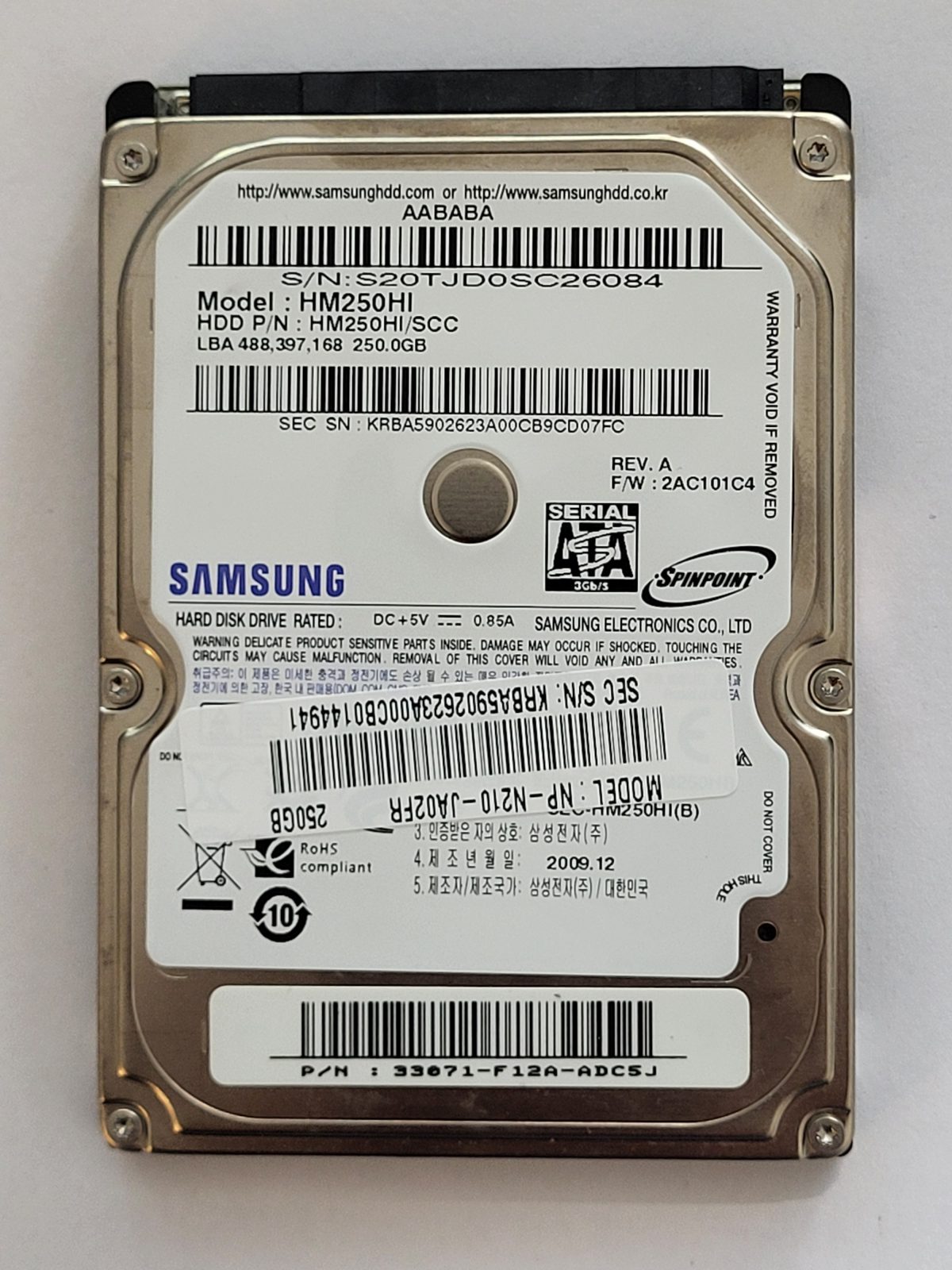 HM250HI, PN: HM250HI/SCC, FW: 2AC101C4, DEC 2009, Samsung 250Gb 2.5" HDD STK