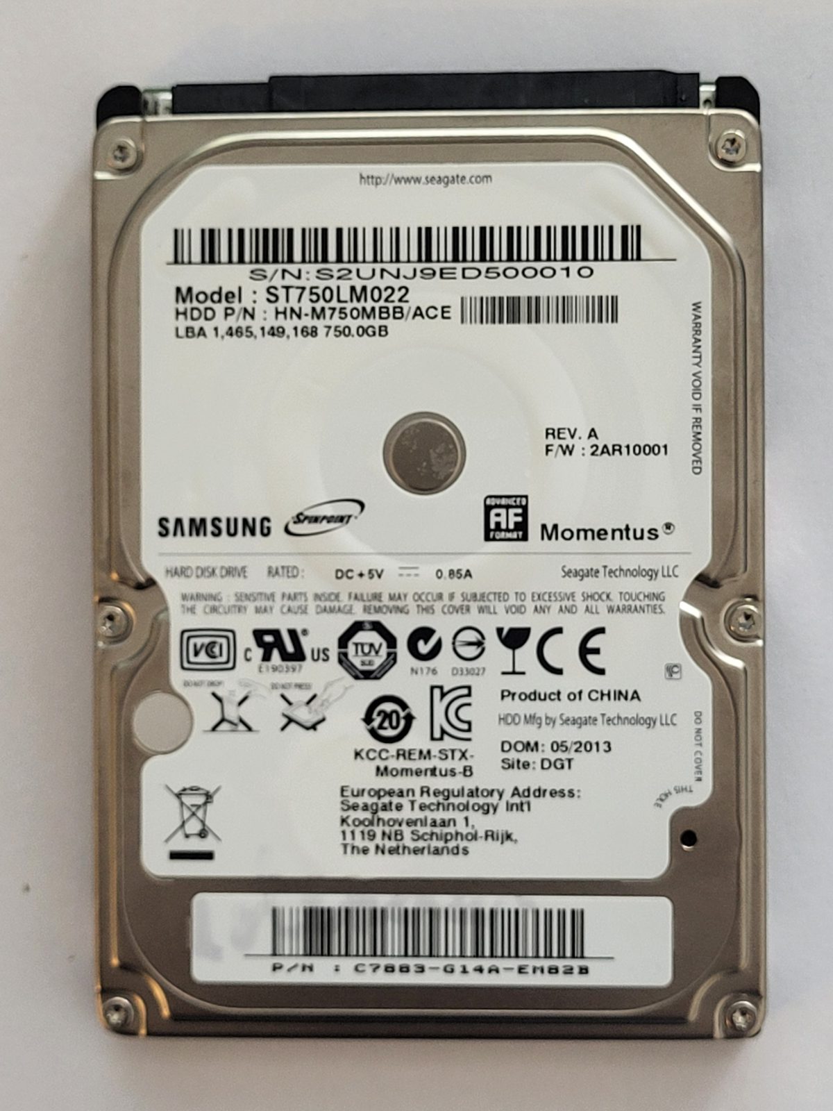 ST750LM022, PN: HN-M750MBB/ACE, FW: 2AR10001, MAY 2013, Samsung 750Gb 2.5" HDD STK