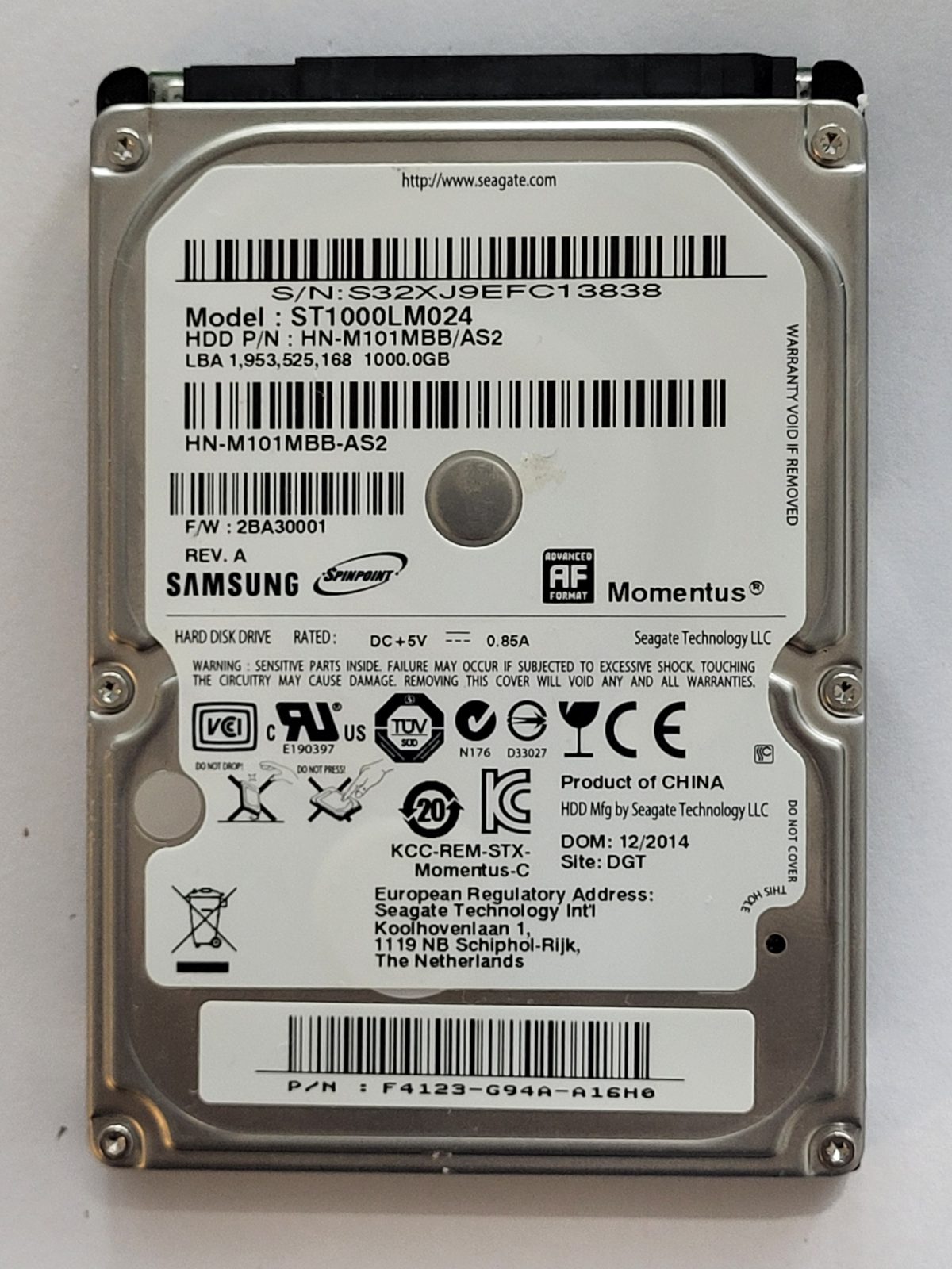 ST1000LM024, PN: HN-M101MBB/AS2, FW: 2BA30001, DEC 2014, Samsung 1Tb 2.5" HDD STK