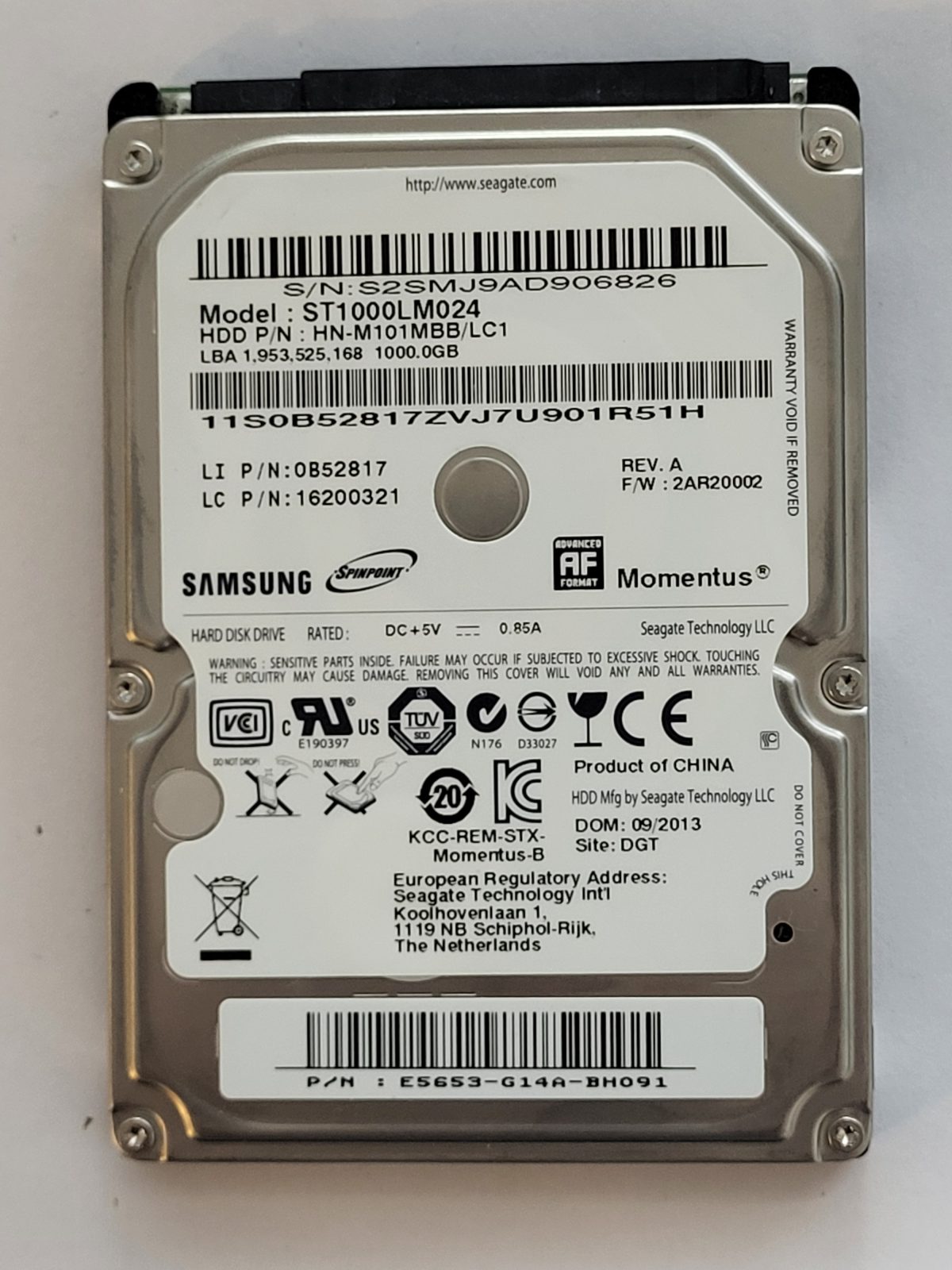 ST1000LM024, PN: HN-M101MBB/LC1, FW: 2AR20002, SEP 2013, Samsung 1Tb 2.5" HDD STK