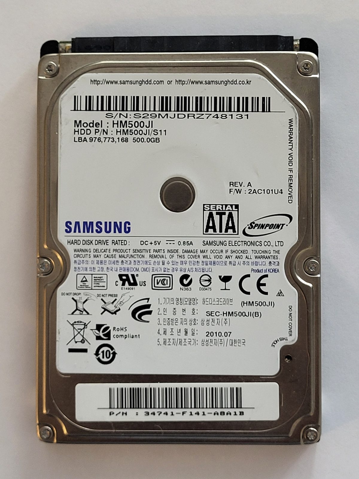 HM500JI, PN: HM500JI/S11, FW: 2AC101U4, JUL 2010, Samsung 500Gb 2.5" HDD STK