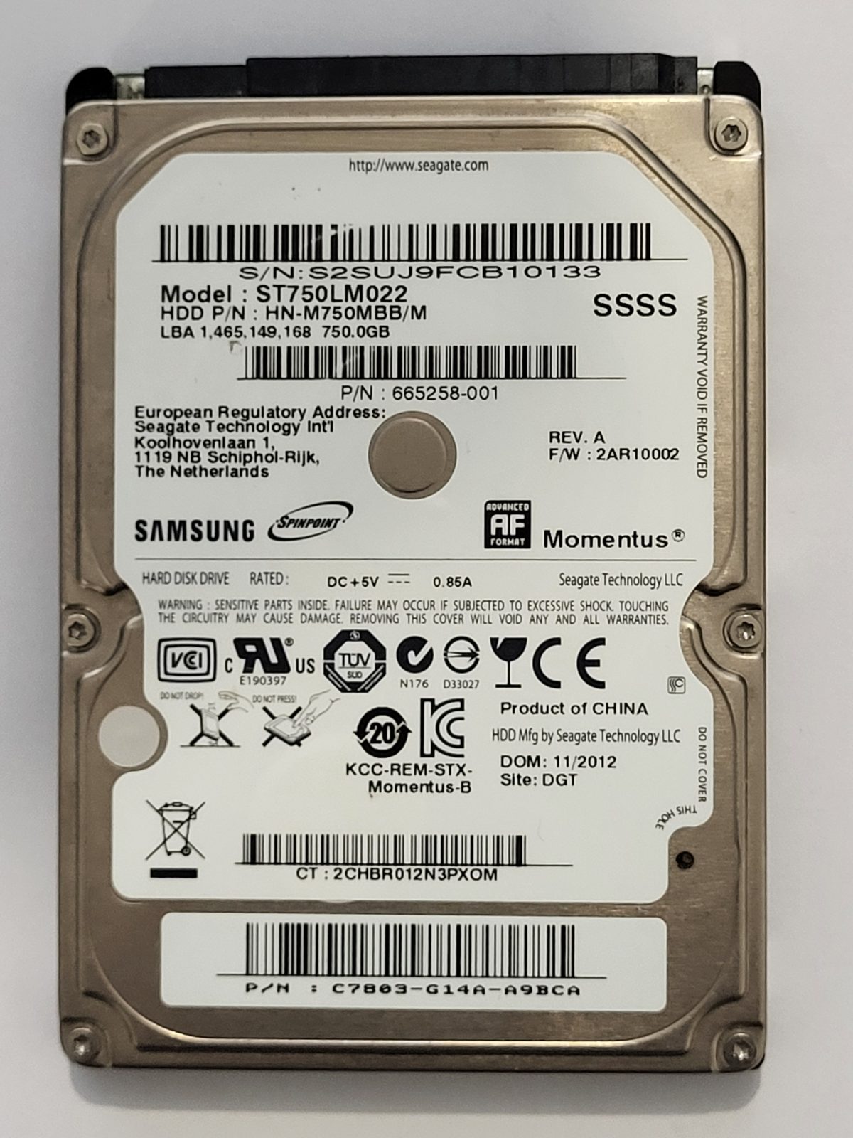 ST750LM022, PN: HN-M750MBB/M, FW: 2AR10002, 11/2012, Samsung 750Gb 2.5" HDD STK