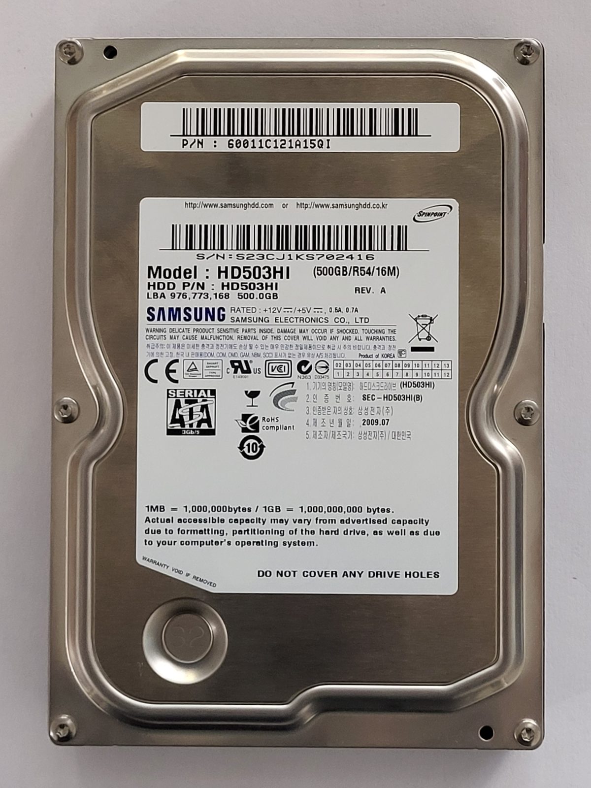 HD503HI, PN: HD503HI, FW: 1AJ100E4, JUL 2009, Samsung 500Gb 3.5" HDD STK