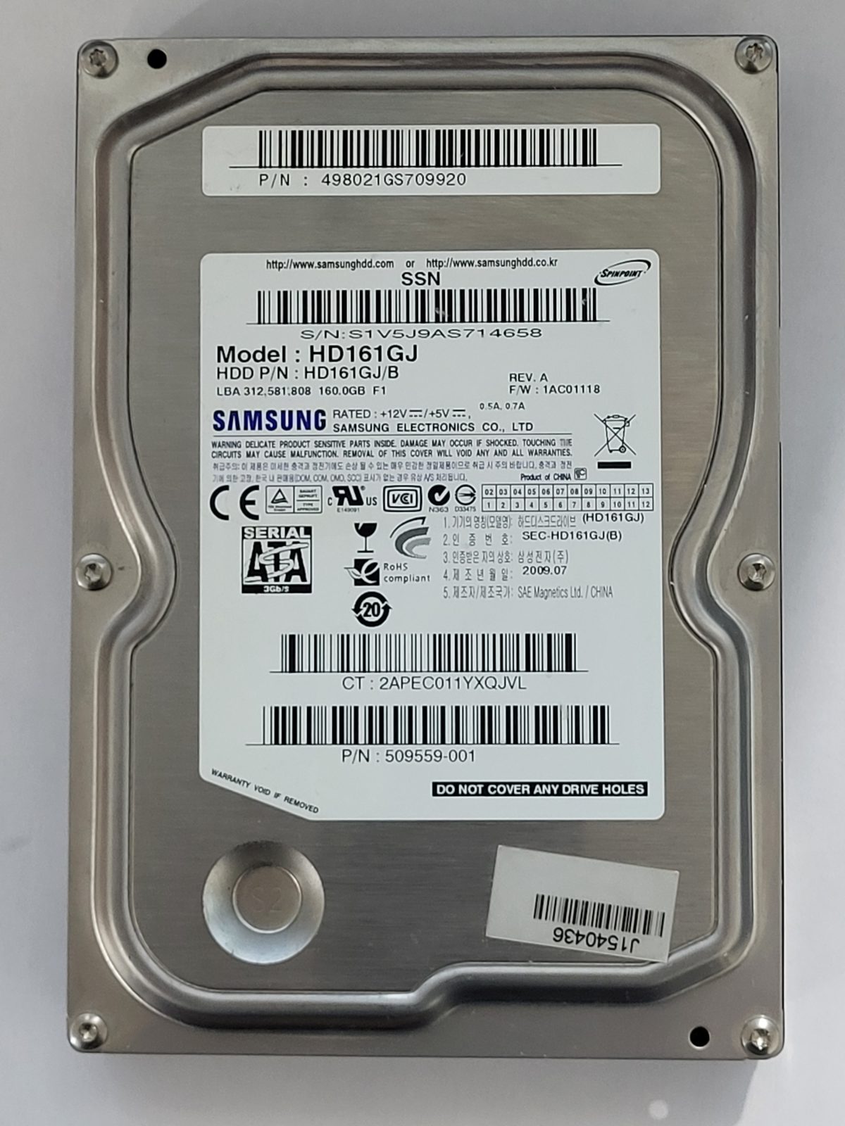 HD161GJ, PN: HD161GJ/B, FW: 1AC01118, JUL 2009, Samsung 160Gb 3.5" HDD STK