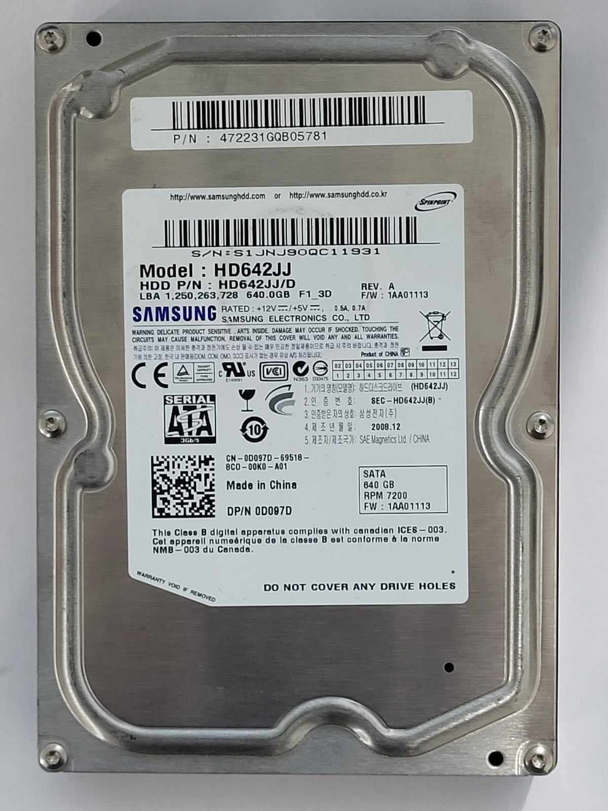 HD642JJ, PN: HD642JJ/D, FW: 1AA01113, DEC 2008, Samsung 640Gb 3.5" HDD STK