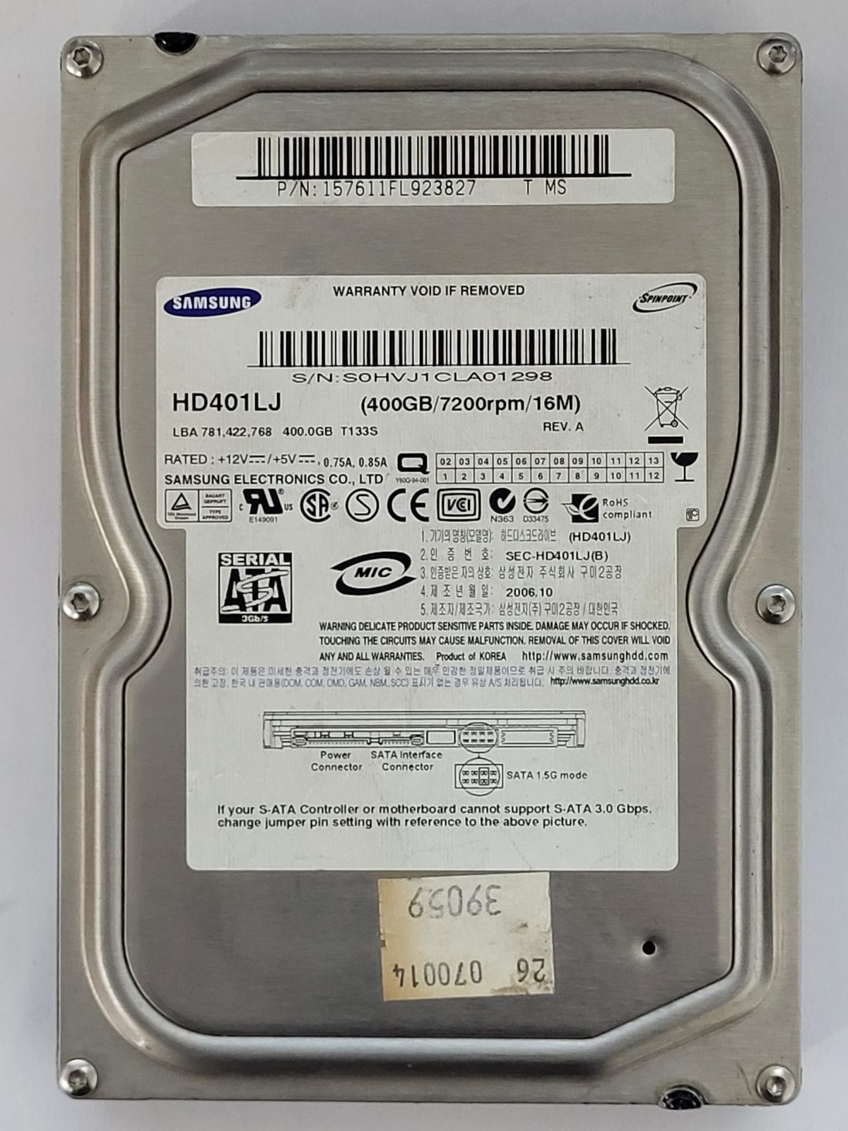 HD401LJ, PN: HD401LJ, FW: ZZ100-15, OCT 2006, Samsung 400Gb 3.5" HDD STK