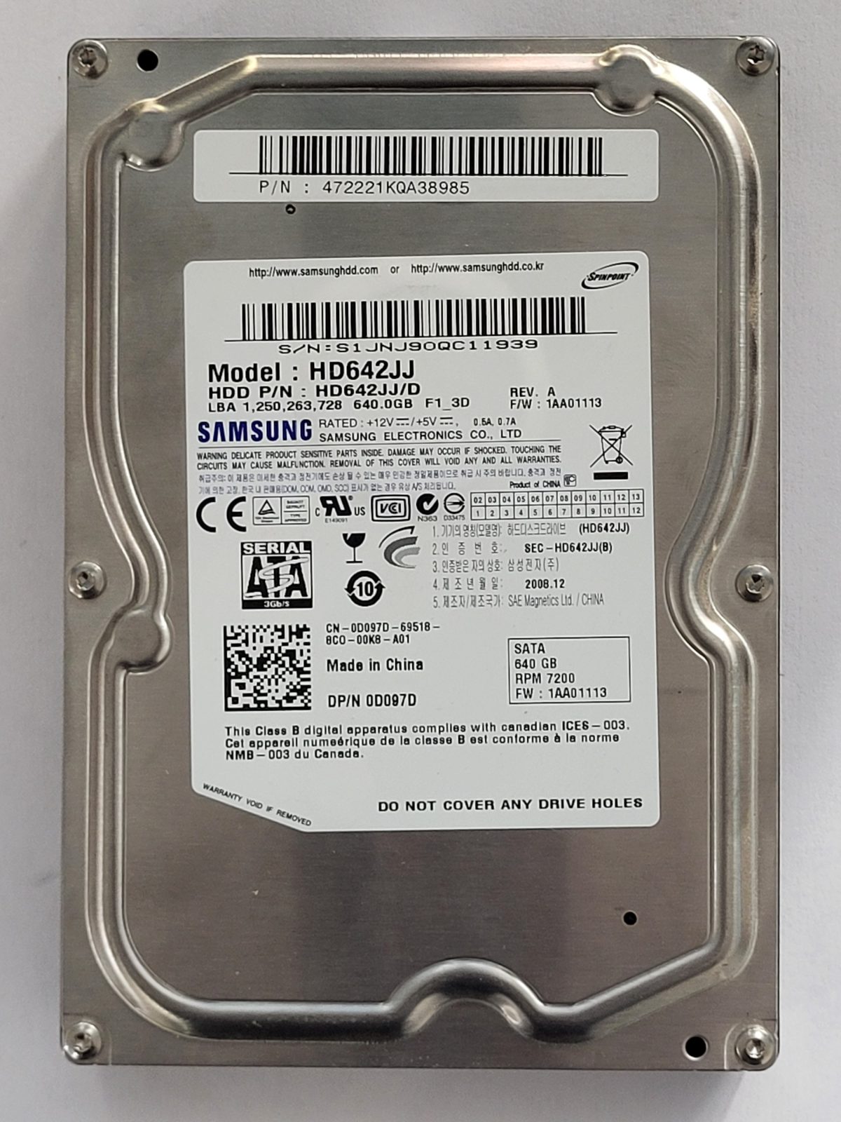 HD642JJ, PN: HD642JJ/D, FW: 1AA01113, DEC 2008, Samsung 640Gb 3.5" HDD STK