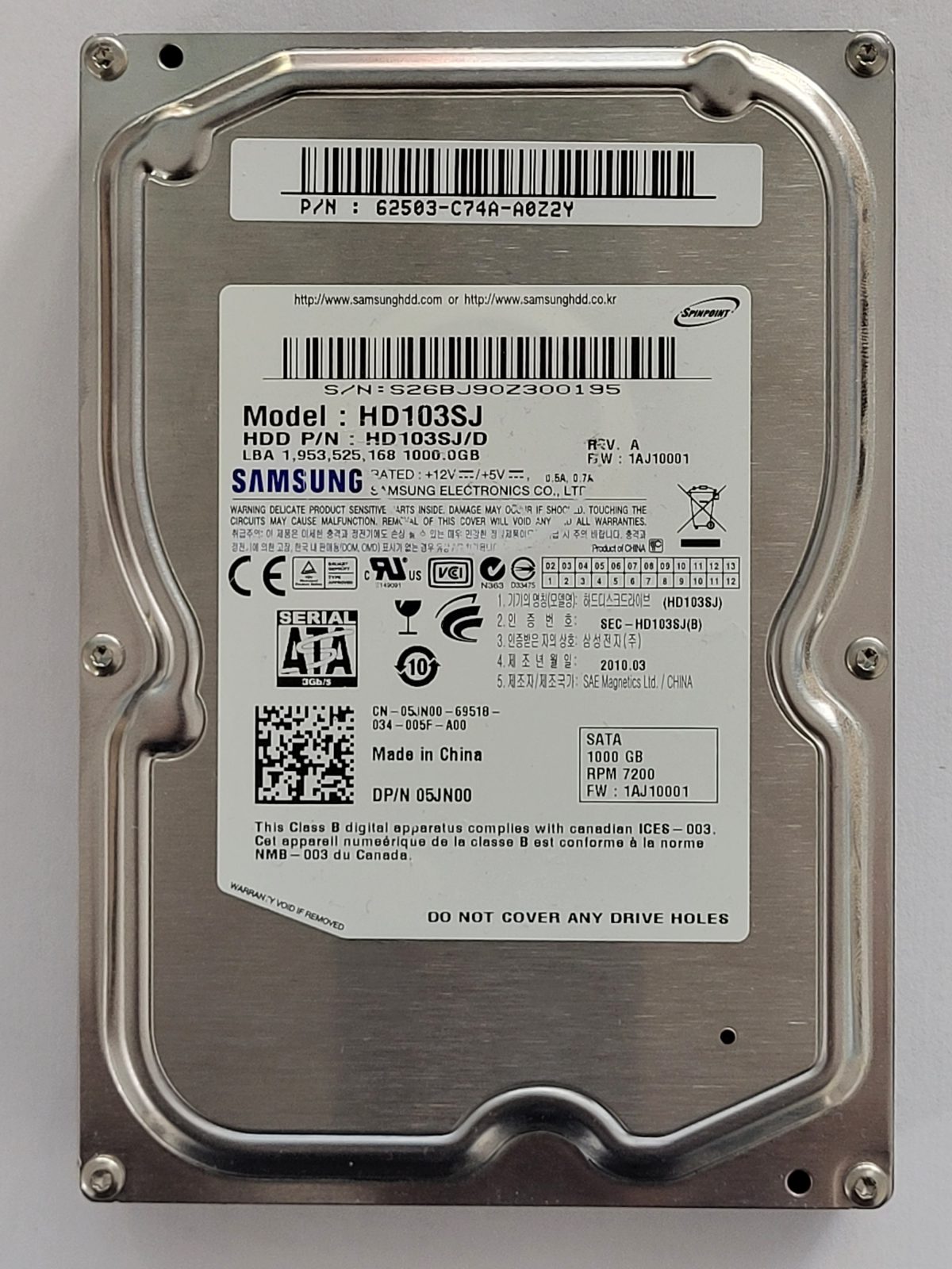 HD103SJ, PN: HD103SJ/D, FW: 1AJ10001, MAR 2010, Samsung 1Tb 3.5" HDD STK