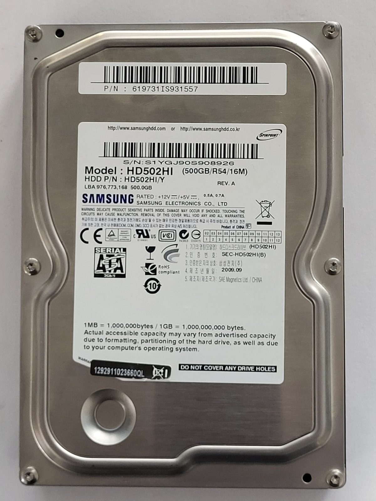 HD502HI, PN: HD502HI/Y, FW: -, SEP 2009, Samsung 500Gb 3.5" HDD STK