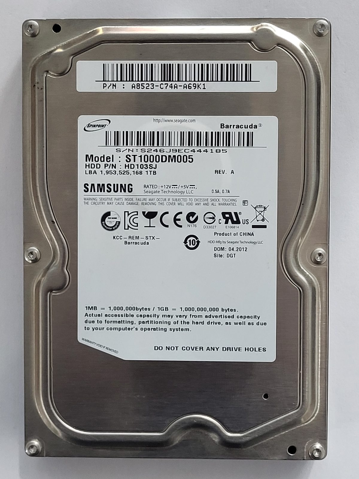 ST1000DM005, PN: HD103SJ, FW: -, APR 2012, Samsung 1Tb 3.5" HDD STK