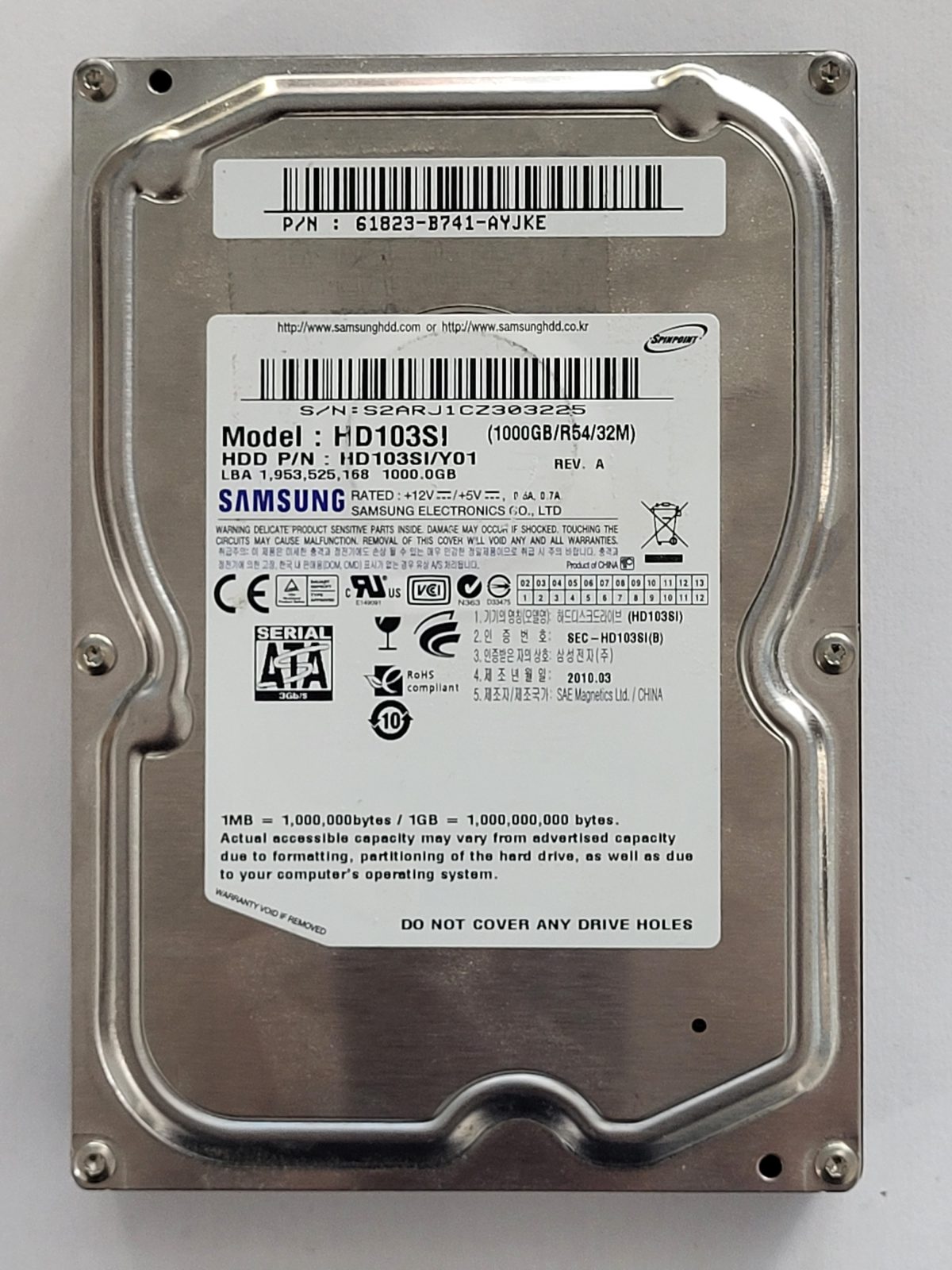 HD103SI, PN: HD103SI/Y01, FW: 1AG01118, MAR 2010, Samsung 1Tb 3.5" HDD STK