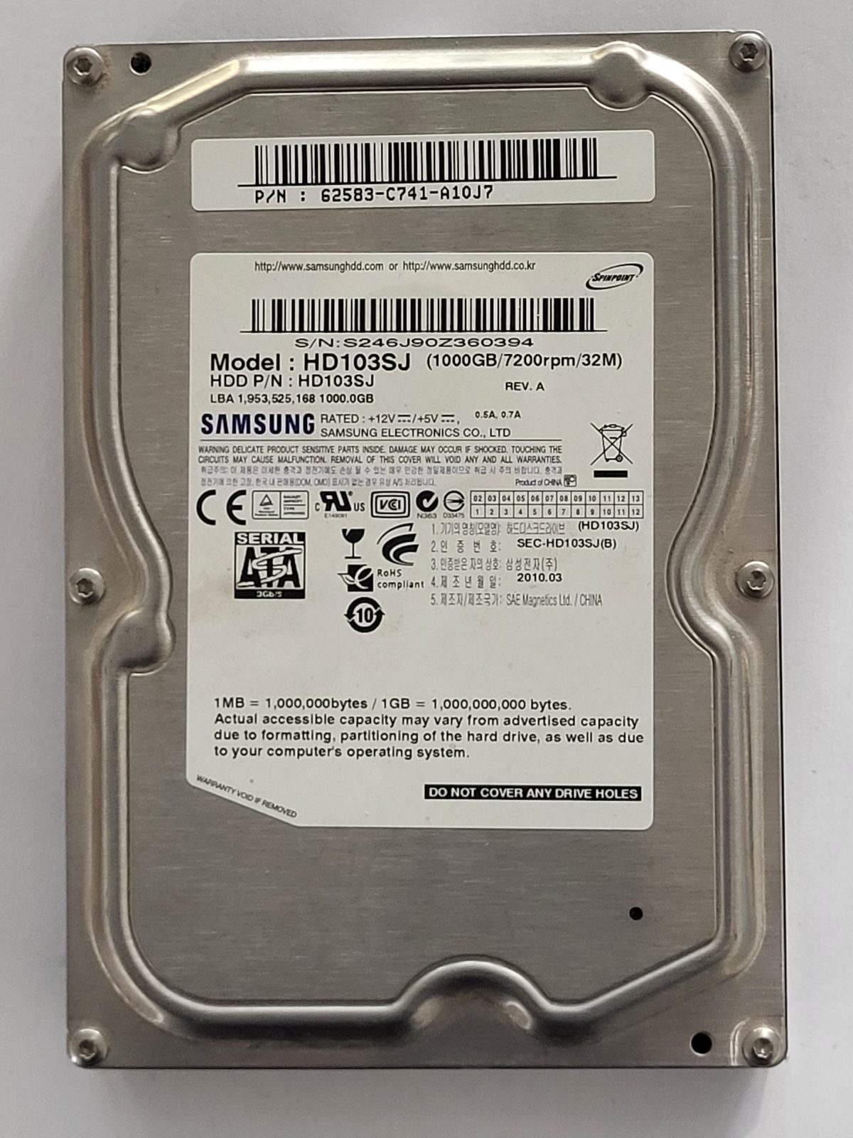 HD103J, PN: HD103SJ, FW: 1AJ10001, MAR 2010, Samsung 1Tb 3.5" HDD STK