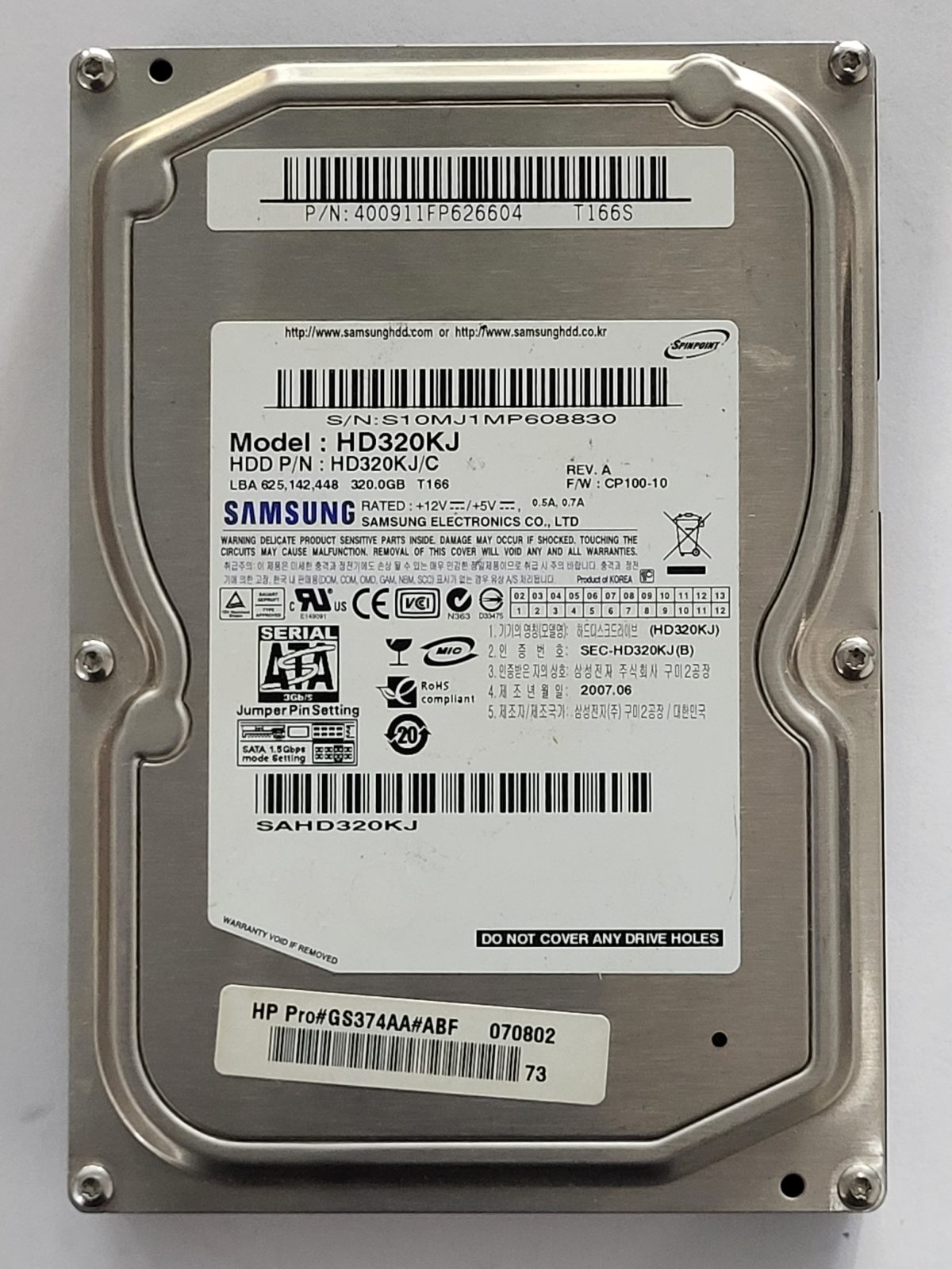 HD320KJ, PN: HD320KJ/C, FW: CP100-10, JUN 2007, Samsung 320Gb 3.5" HDD STK