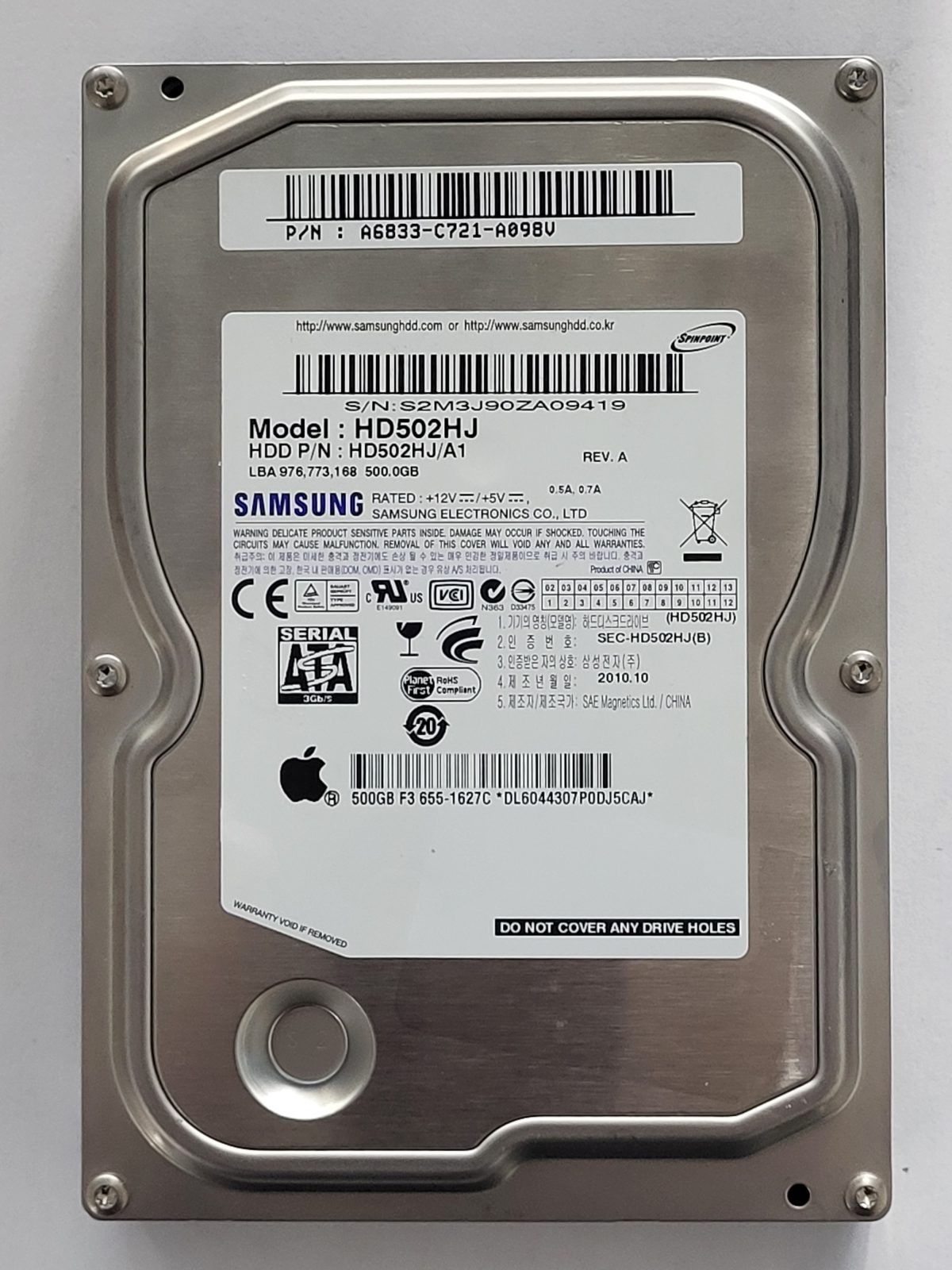 HD502HJ, PN: HD502HJ/A1, FW: 1AJ10102, OCT 2010, Samsung 500Gb 3.5" HDD STK