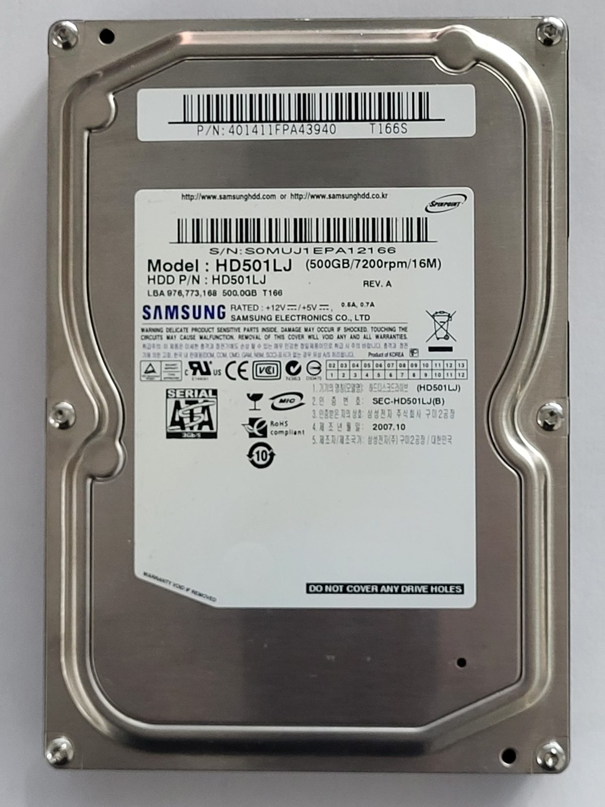 HD501LJ, PN: HD501LJ, FW: CR100-11, OCT 2007, Samsung 500Gb 3.5" HDD STK