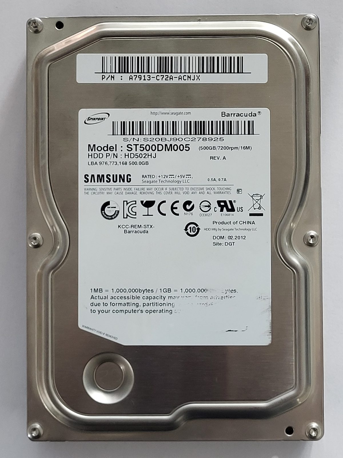 ST500DM005, PN: HD502HJ, FW: 1AJ10001, FEV 2012, Samsung 500Gb 3.5" HDD STK