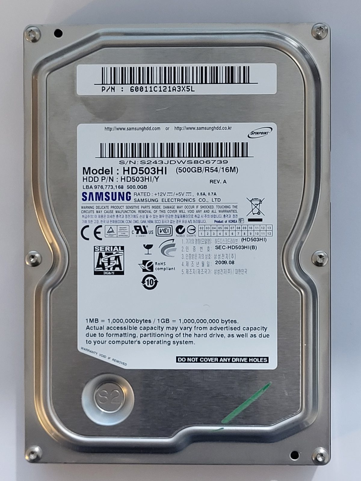 HD503HI, PN: HD503HI/Y, FW: 1AJ100E4, AUG 2009, Samsung 500Gb 3.5" HDD STK