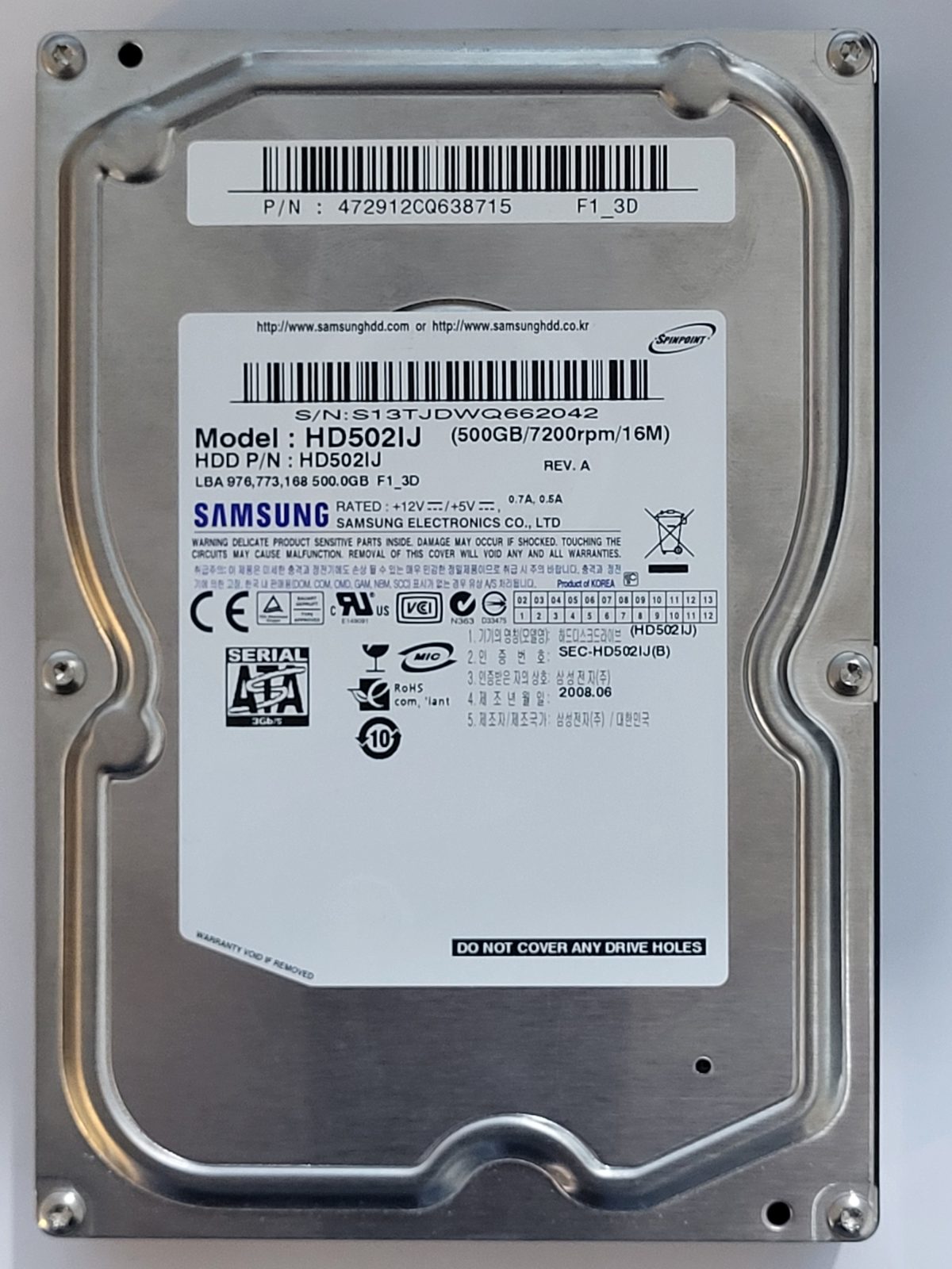 HD502IJ, PN: HD502IJ, FW: 1AA01112, JUN 2008, Samsung 500Gb 3.5" HDD STK