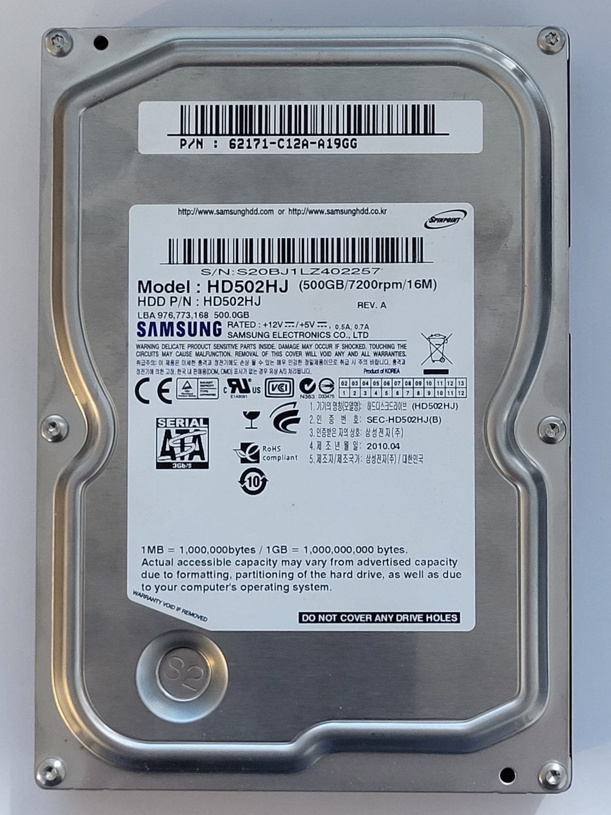 HD502HJ, PN: HD502HJ, FW: 1AJ100E4, APR 2010, Samsung 500Gb 3.5" HDD STK