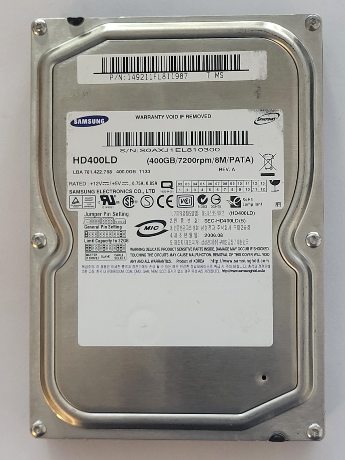 HD400LD, PN: -, FW: WQ100-14, AUG 2006, Samsung 400Gb 3.5" HDD STK