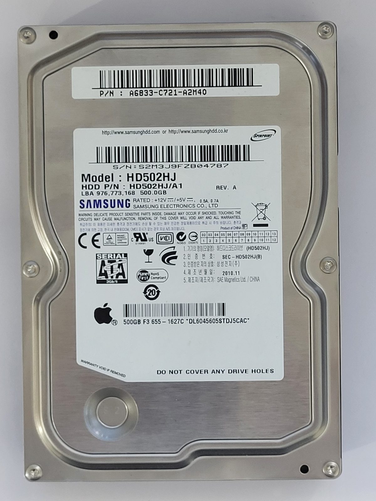 HD502HJ, PN: HD502HJ/A1, FW: 1AJ10102, NOV 2010, Samsung 500Gb 3.5" HDD STK