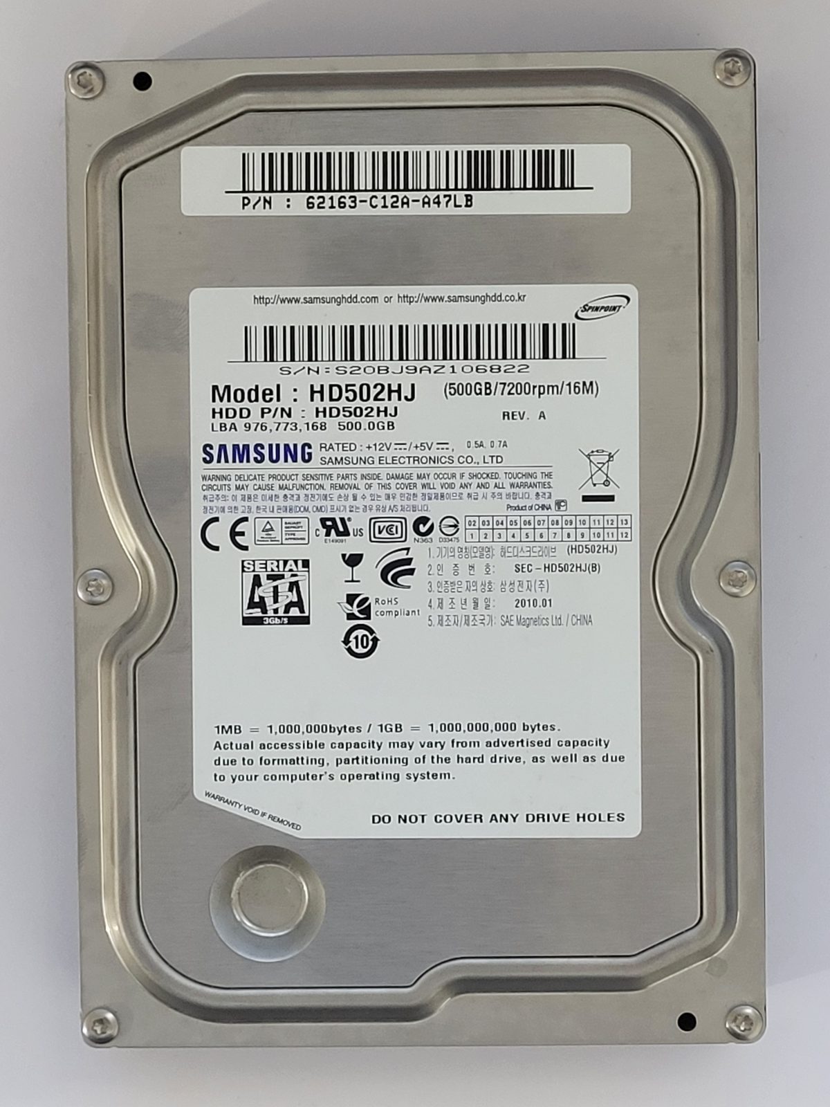 HD502HJ, PN: HD502HJ, FW: 1AJ100E4, JAN 2010, Samsung 500Gb 3.5" HDD STK