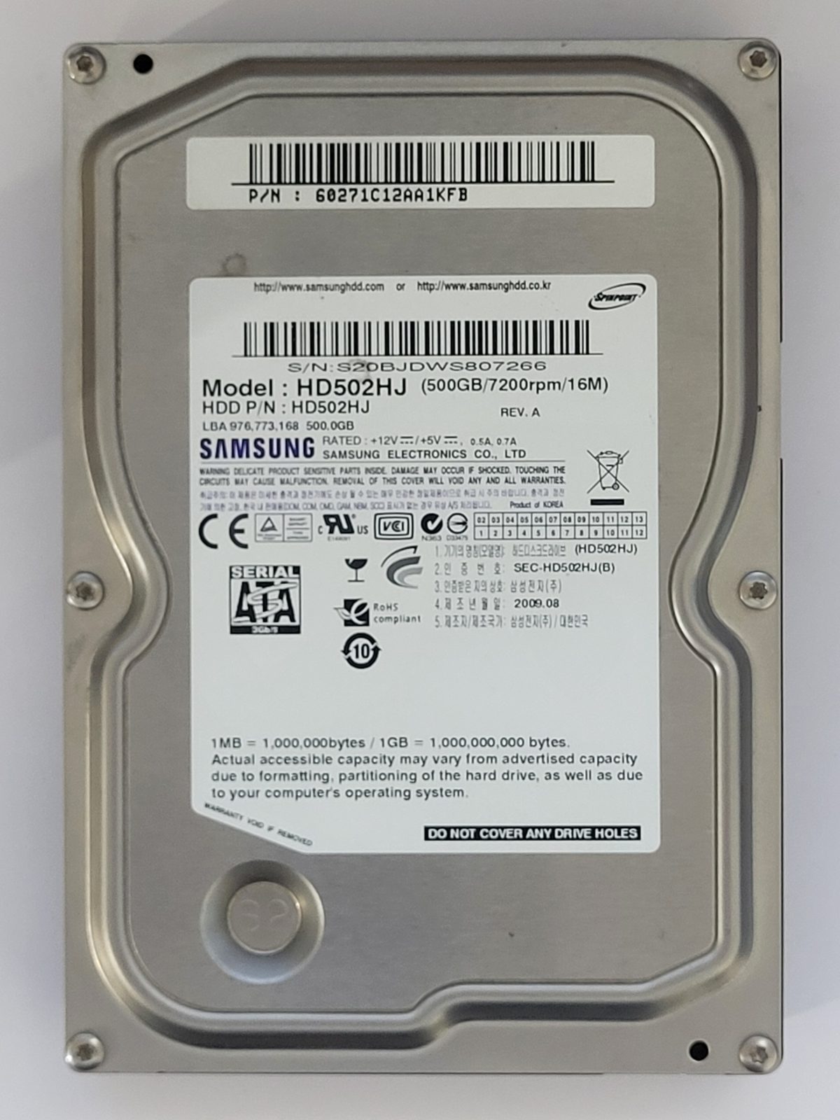 HD502HJ, PN: HD502HJ, FW: 1AJ100E4, AUG 2009, Samsung 500Gb 3.5" HDD STK