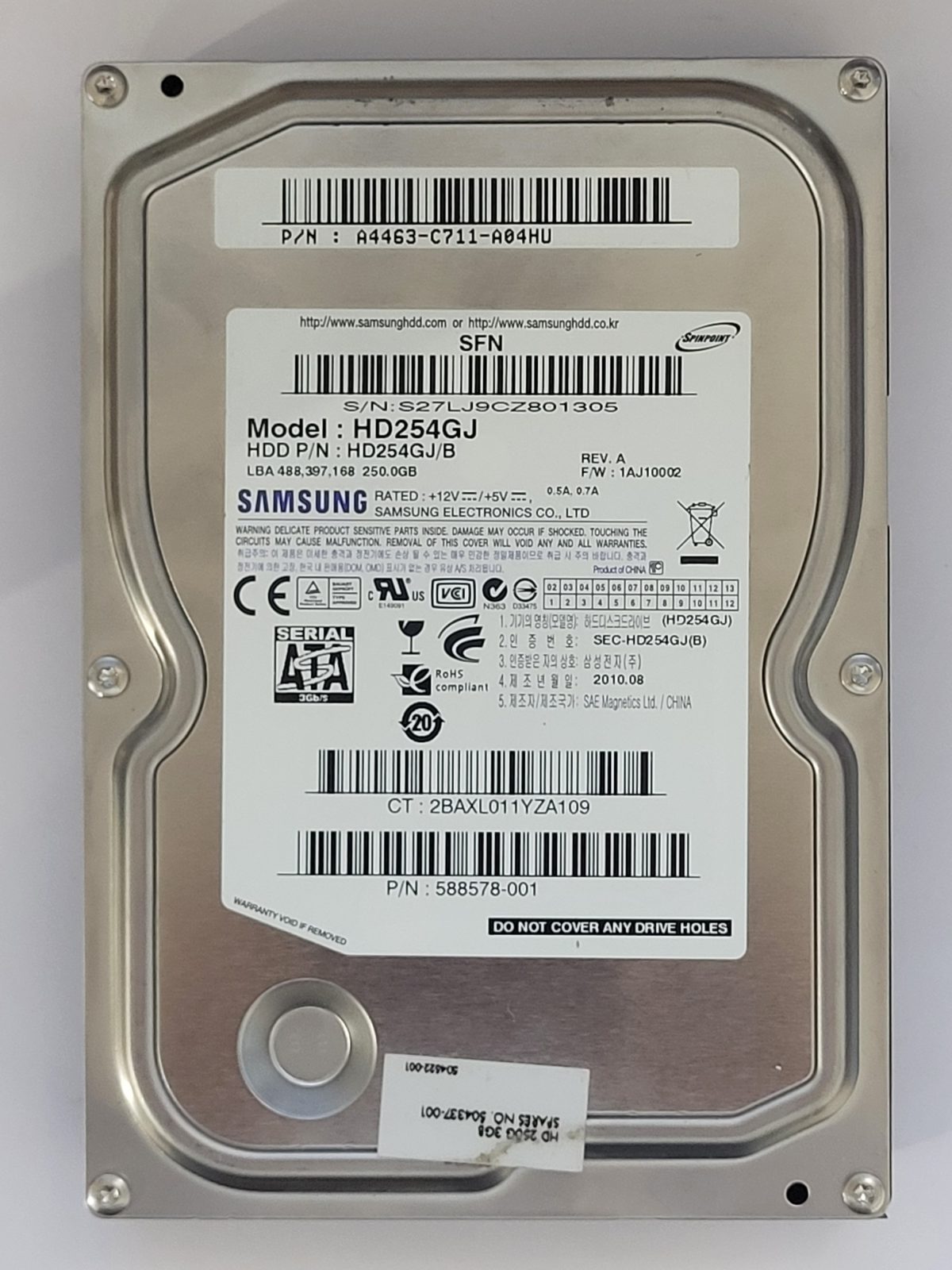 HD254GJ, PN: HD25AGJ/B, FW: 1AJ10002, AUG 2010, Samsung 250Gb 3.5" HDD STK