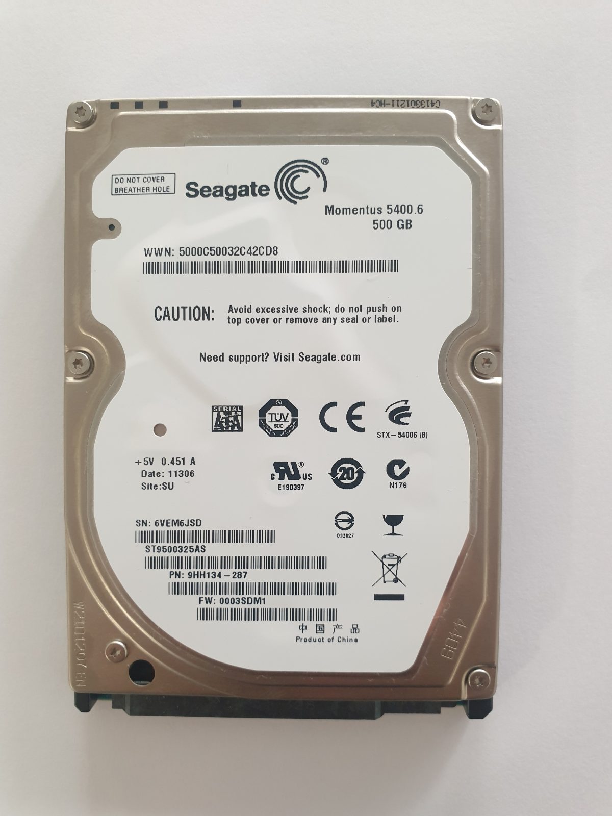 ST9500325AS, PN:9HH134-287, SN:6VE, SU, FW:0003SDM1, 11306 | Seagate 500Go 2,5" SATA HDD STK