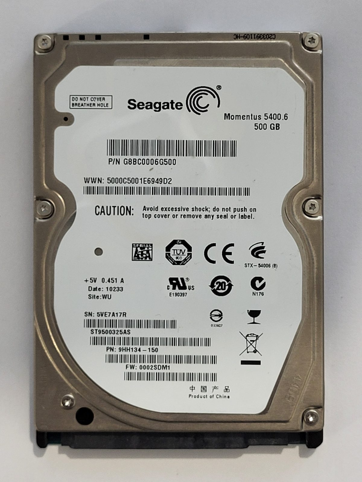 ST9500325AS, PN:9HH134-150, SN:5VE, WU, FW:0002SDM1, 10233 | Seagate 500Go 2,5" SATA HDD STK
