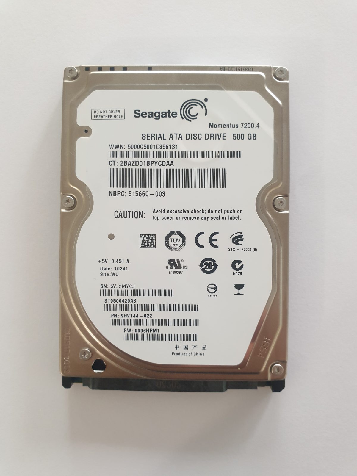 ST9500420AS, PN:9HV144-022, SN:5VJ, WU, FW:0006HPM1, 10241 | Seagate 500Go 2,5" SATA HDD STK