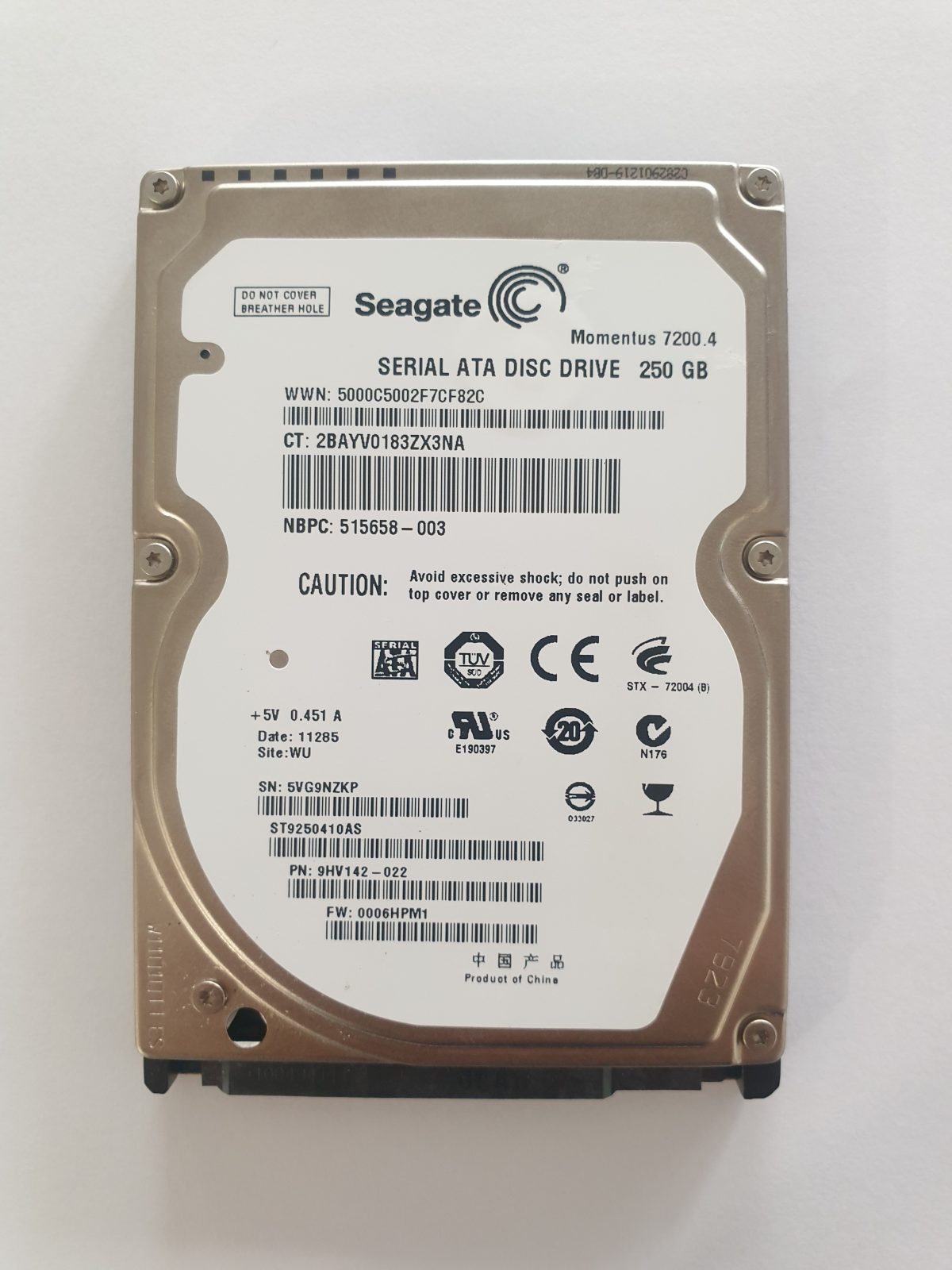 ST9250410AS, PN:9HV142-022, SN:5VG, WU, FW:0006HPM1, 11285 | Seagate 250Go 2,5" SATA HDD STK