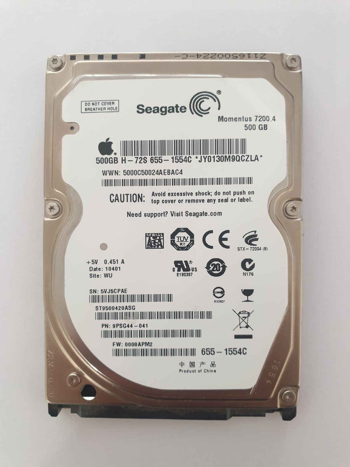 ST9500420AG, PN:9PSG44-041, SN:5VJ, WU, FW:0008APM2, 10401 | Seagate 500Go 2,5" SATA HDD STK