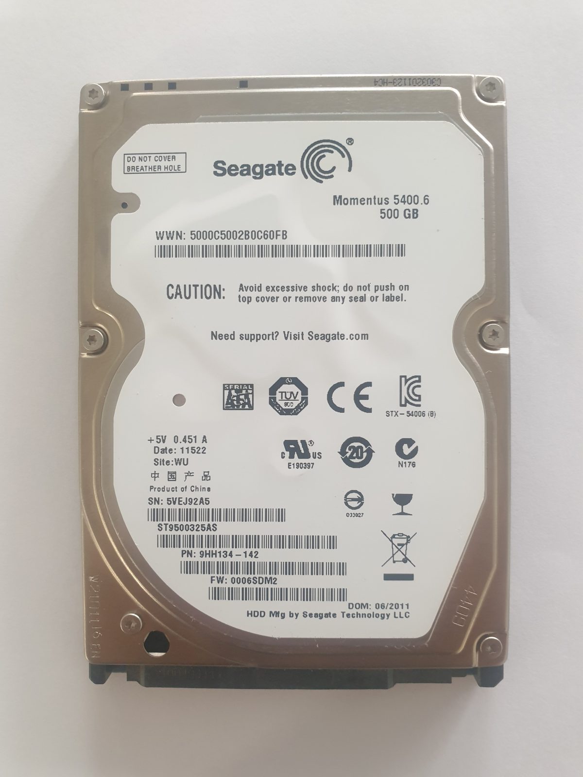 ST9500325AS, PN:9HH134-142, SN:5VE, WU, FW:0006SDM2, 11522 | Seagate 500Go 2,5" SATA HDD STK