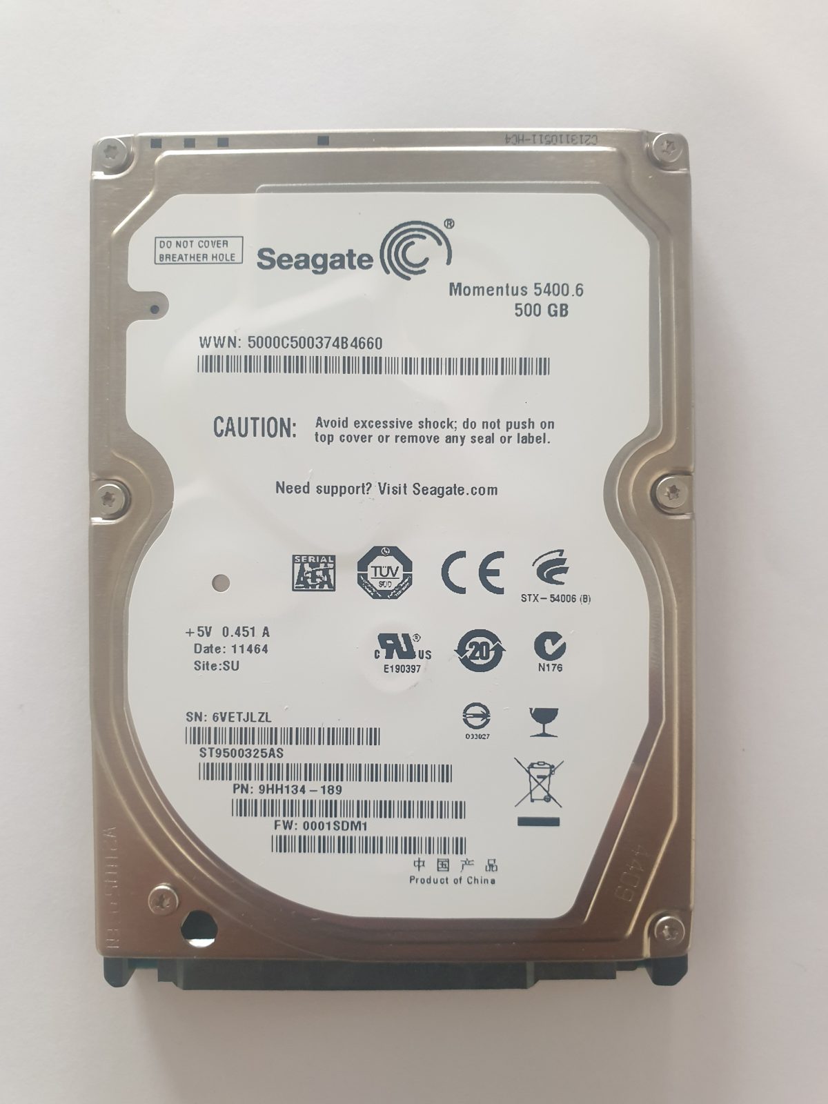 ST9500325AS, PN:9HH134-189, SN:6VE, SU, FW:0001SDM1, 11464 | Seagate 500Go 2,5" SATA HDD STK