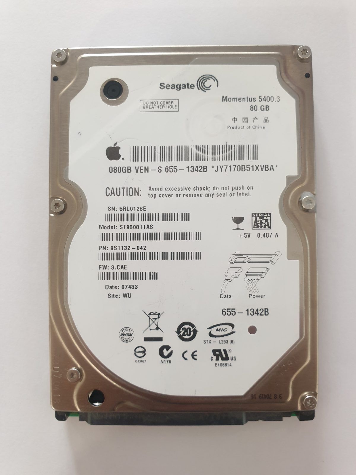 ST980811AS, PN:9S1132-042, SN:5RL, WU, FW:3.CAE, 07433 | Seagate 80Go 2,5" SATA HDD STK