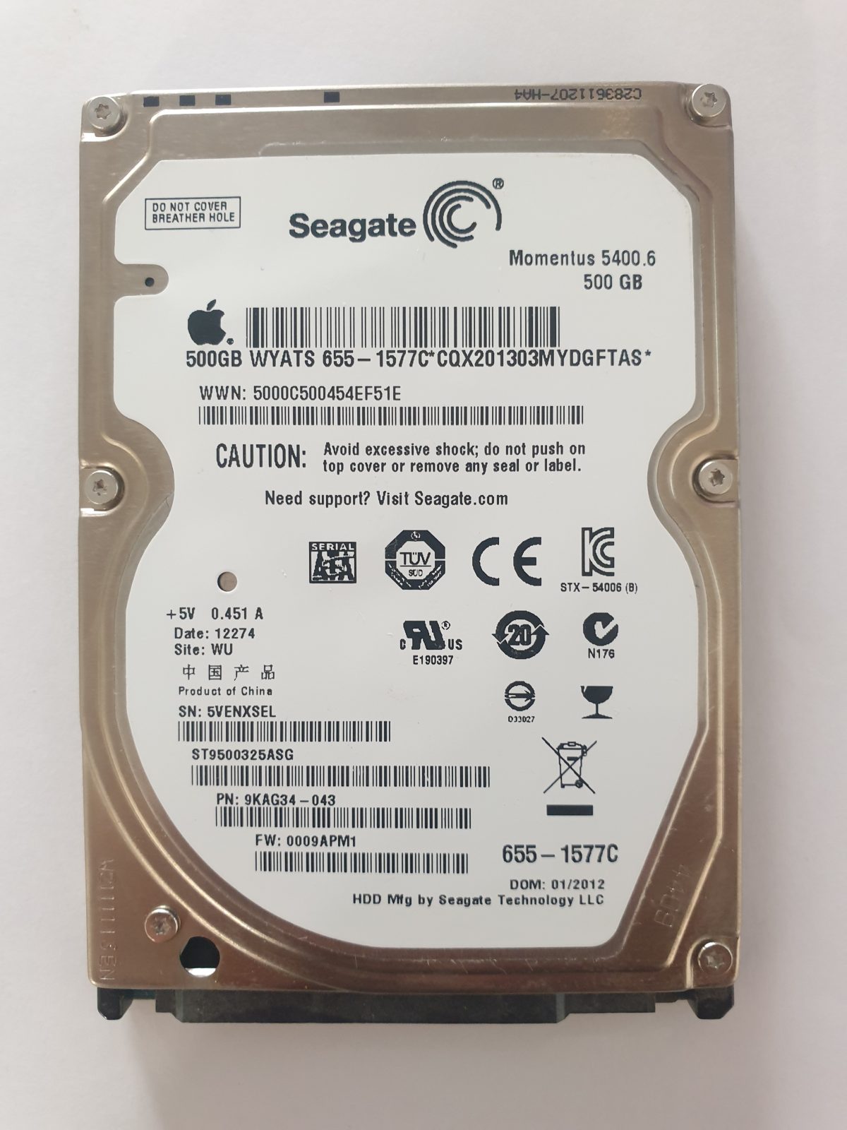 ST9500325ASG, PN:9KAG34-043, SN:5VE, WU, FW:0009APM1, 12274 | Seagate 500Go 2,5" SATA HDD STK
