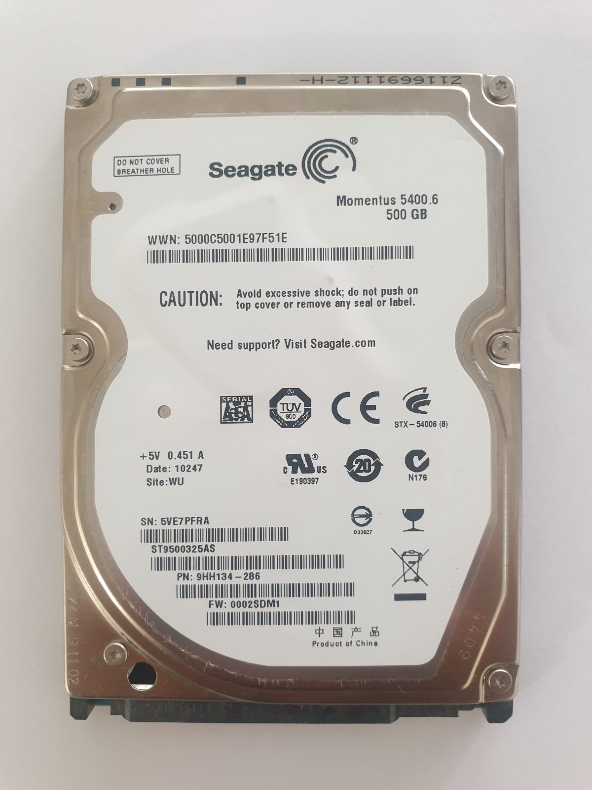ST9500325AS, PN:9HH134-286, SN:5VE, WU, FW:0002SDM1, 10247 | Seagate 500Go 2,5" SATA HDD STK