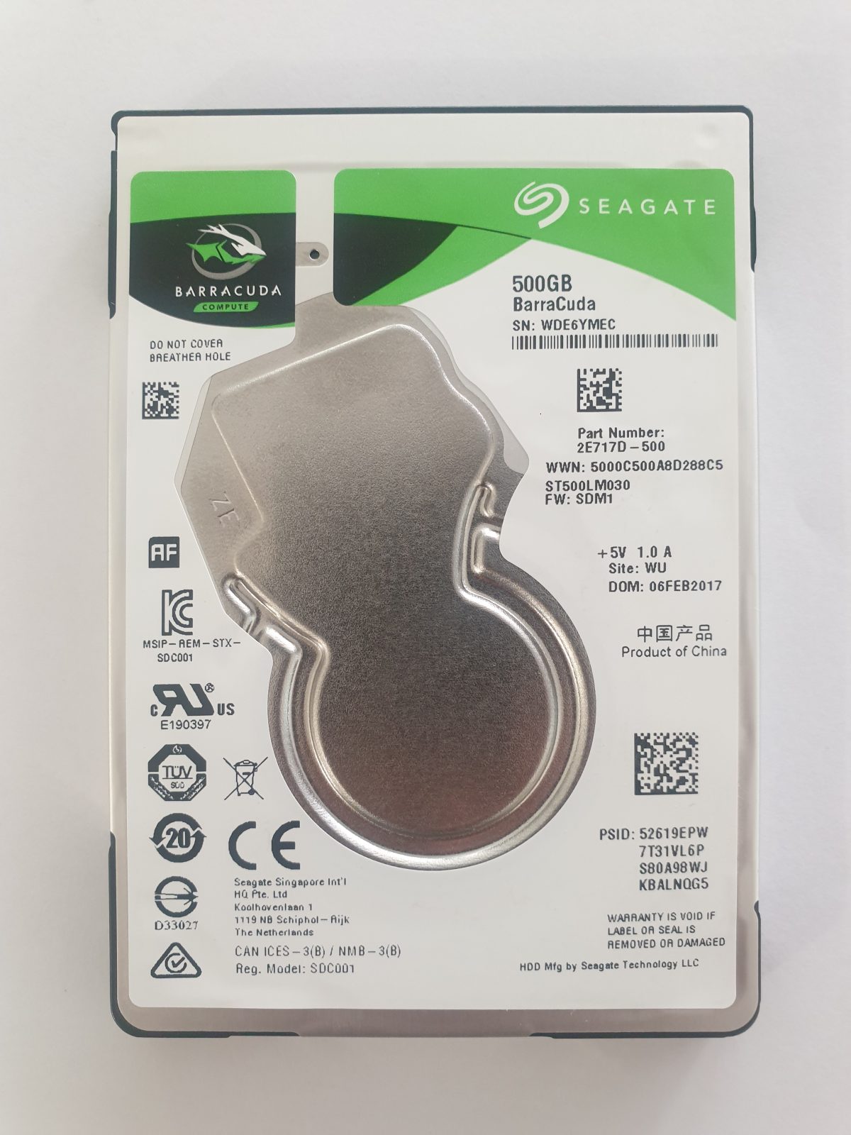 ST500LM030, PN:2E717D-500, SN:WDE, WU, FW:SDM1, 06 FEB 2017 | Seagate 500Go 2,5" SATA HDD STK