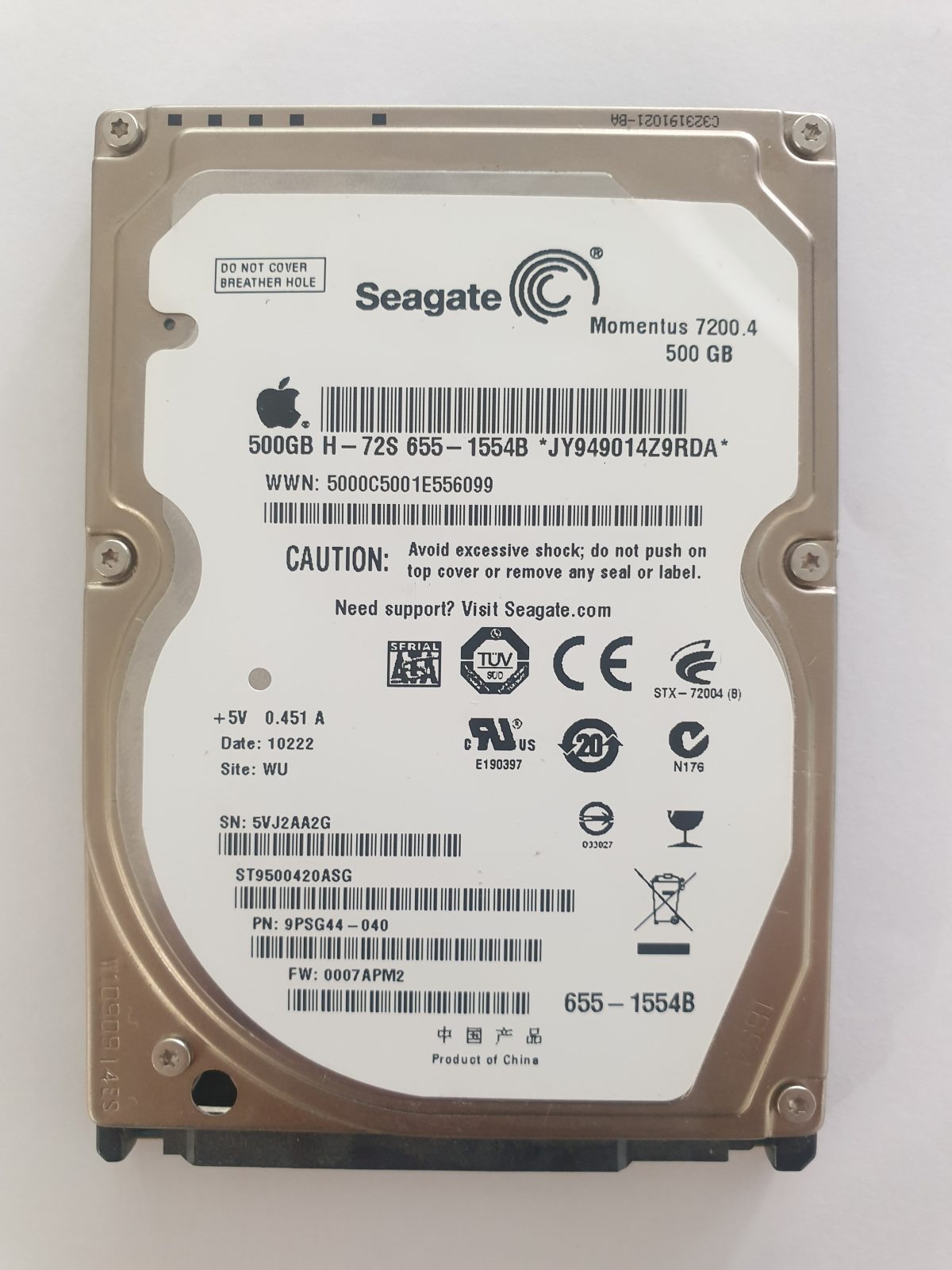 ST9500420ASG, PN:9PSG44-040, SN:5VJ, WU, FW:0007APM2, 10222 | Seagate 500Go 2,5" SATA HDD STK