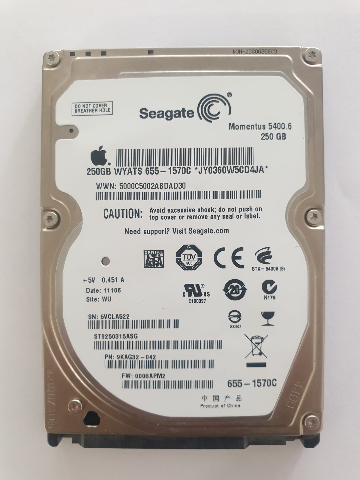 ST9250315ASG, PN:9KAG32-042, SN:5VC, WU, FW:0008APM2, 11106 | Seagate 250Go 2,5" SATA HDD STK