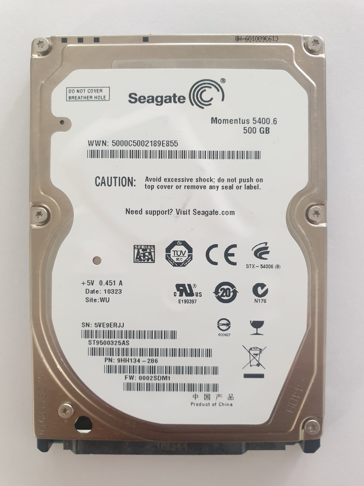 ST9500325AS, PN:9HH134-286, SN:5VE, WU, FW:0002SDM1, 10323 | Seagate 500Go 2,5" SATA HDD STK
