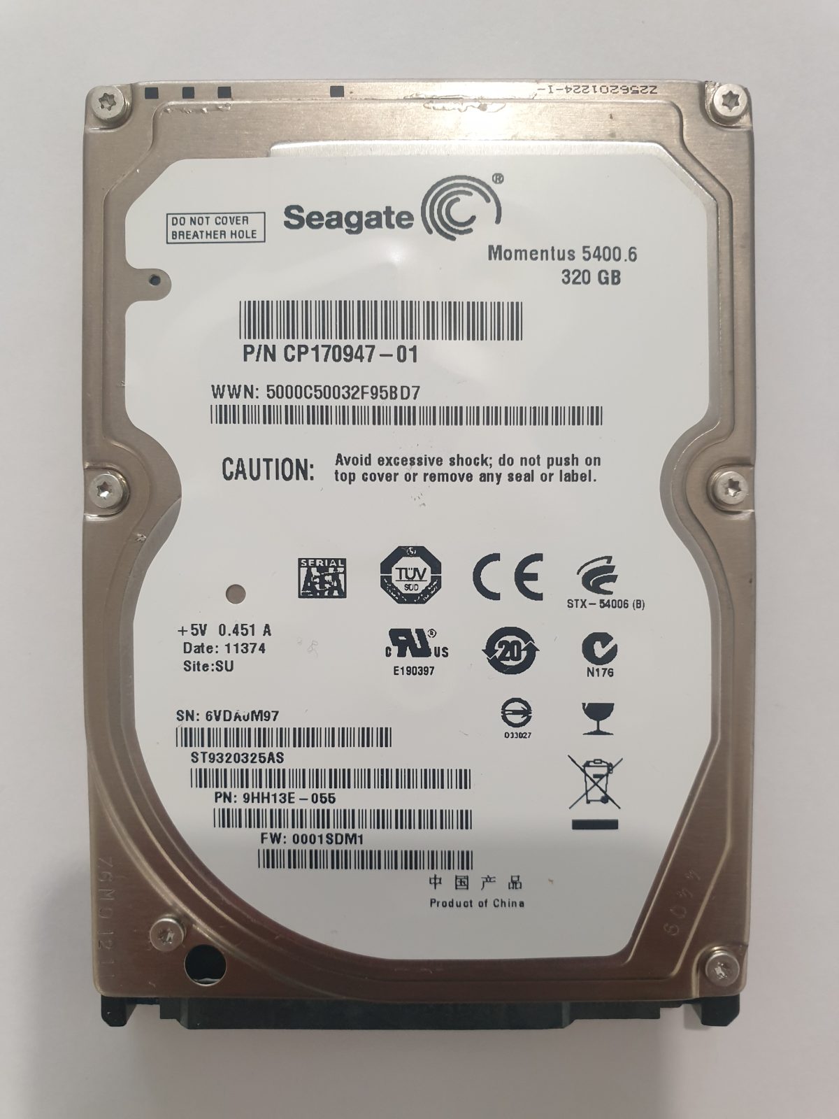 ST9320325AS, PN:9HH13E-055, SN:6VD, SU, FW:0001SDM1, 11374 | Seagate 320Go 2,5" SATA HDD STK