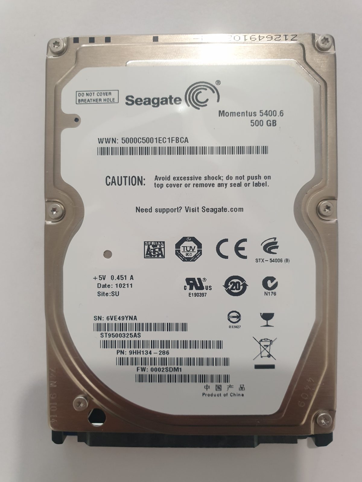 ST9500325AS, PN:9HH134-286, SN:6VE, SU, FW:0002SDM1, 10211 | Seagate 500Go 2,5" SATA HDD STK